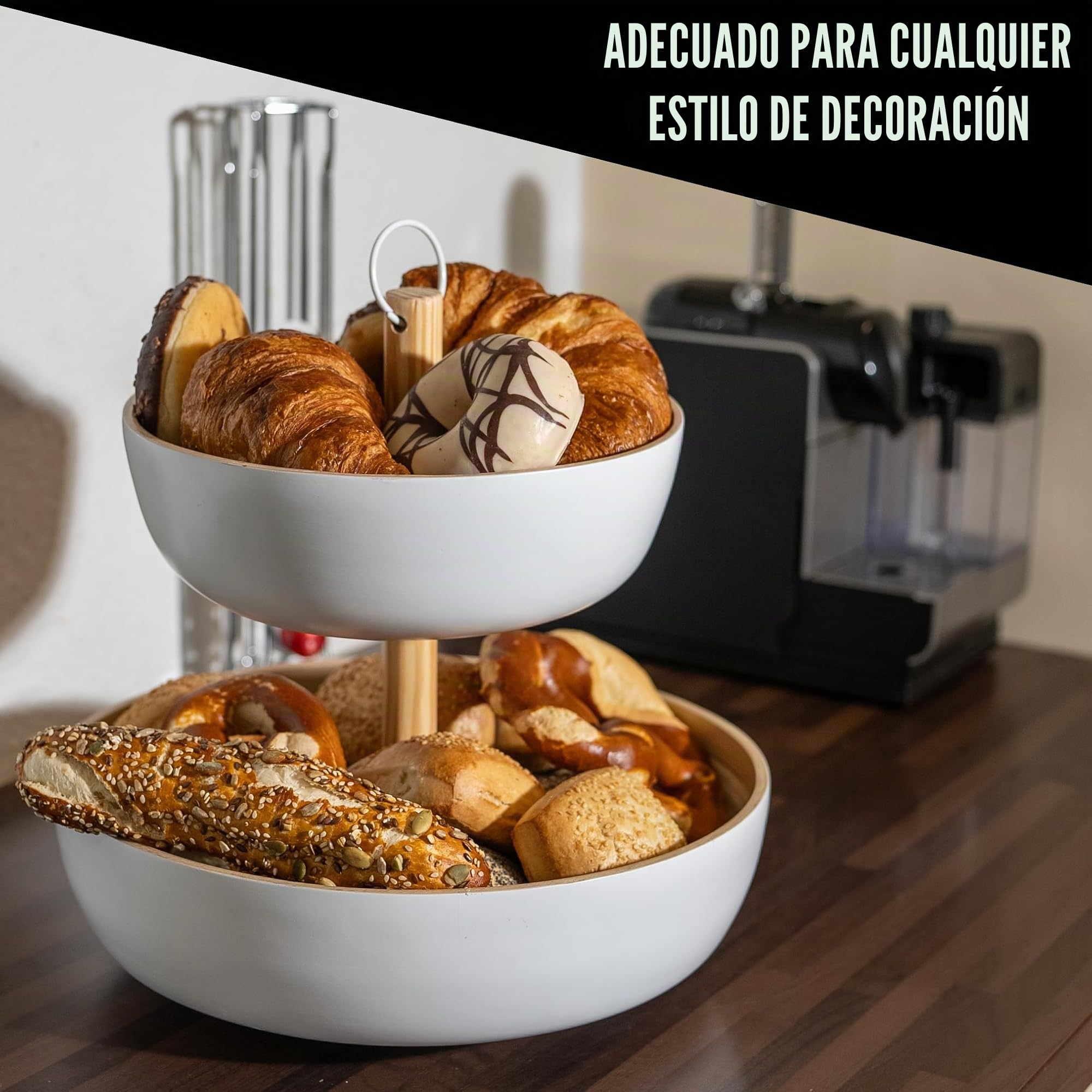 Tiali Frutero de bambú de 2 pisos – Madera para mucho espacio de almacenamiento – Cesta de fruta blanca de bambú natural para frutas frescas – Fruit Basket – Frutero moderno para toda la familia