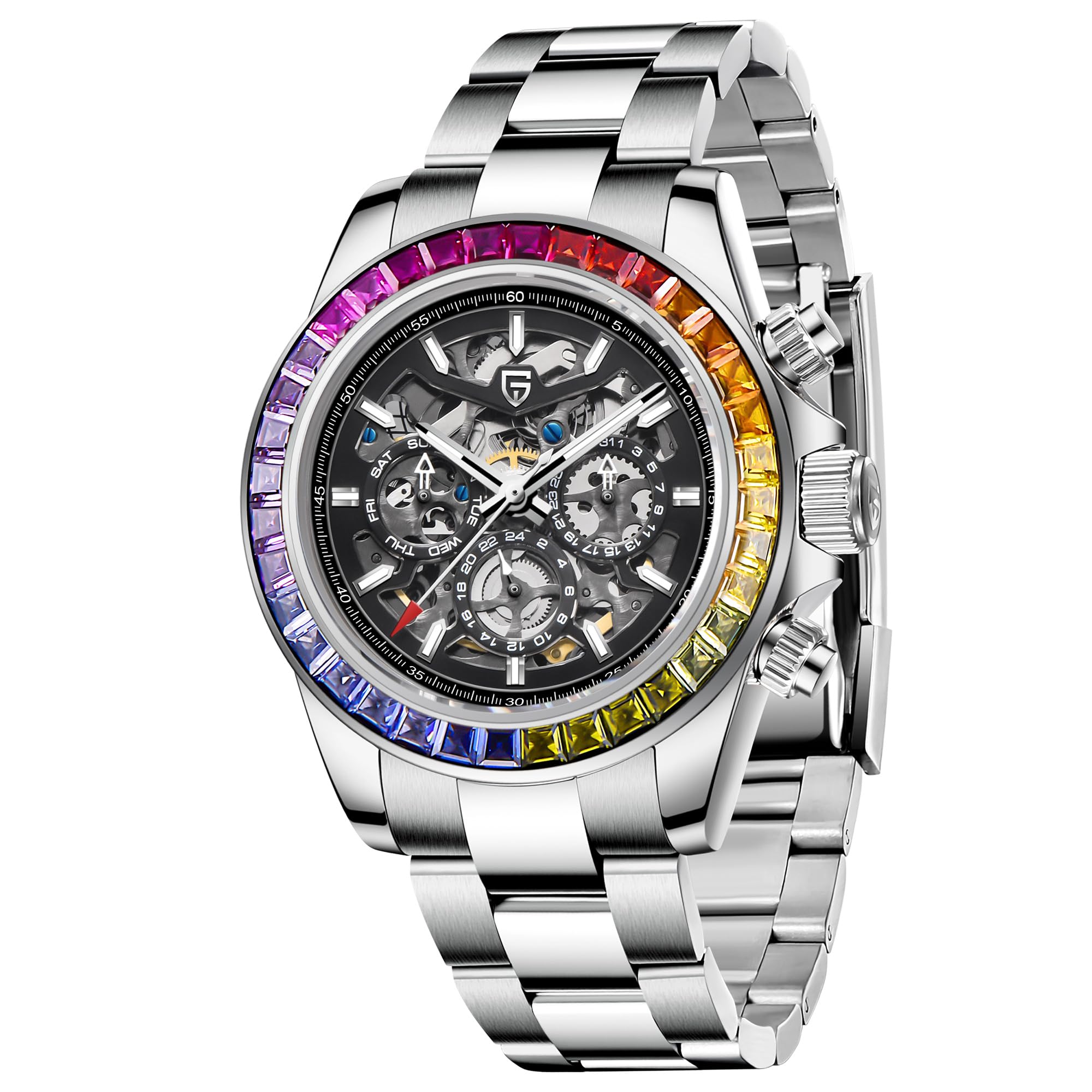 PAGANI DESIGN 1777 Men's Multifunction Automatic Mechanical Watch Skeleton Rainbow Bezel Stainless Steel Strap Waterproof Luminous Luxury Analog Watch