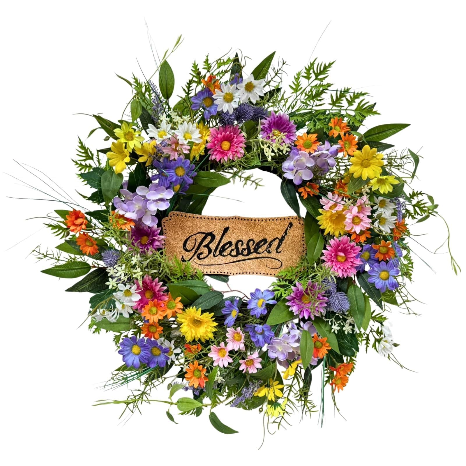 Ghirlanda di fiori selvatici primaverile estiva da 56 cm, per porta d'ingresso, colorata floreale benvenuto con cartello benedetto margherite peonie per parete e portico casa colonica decorazione per