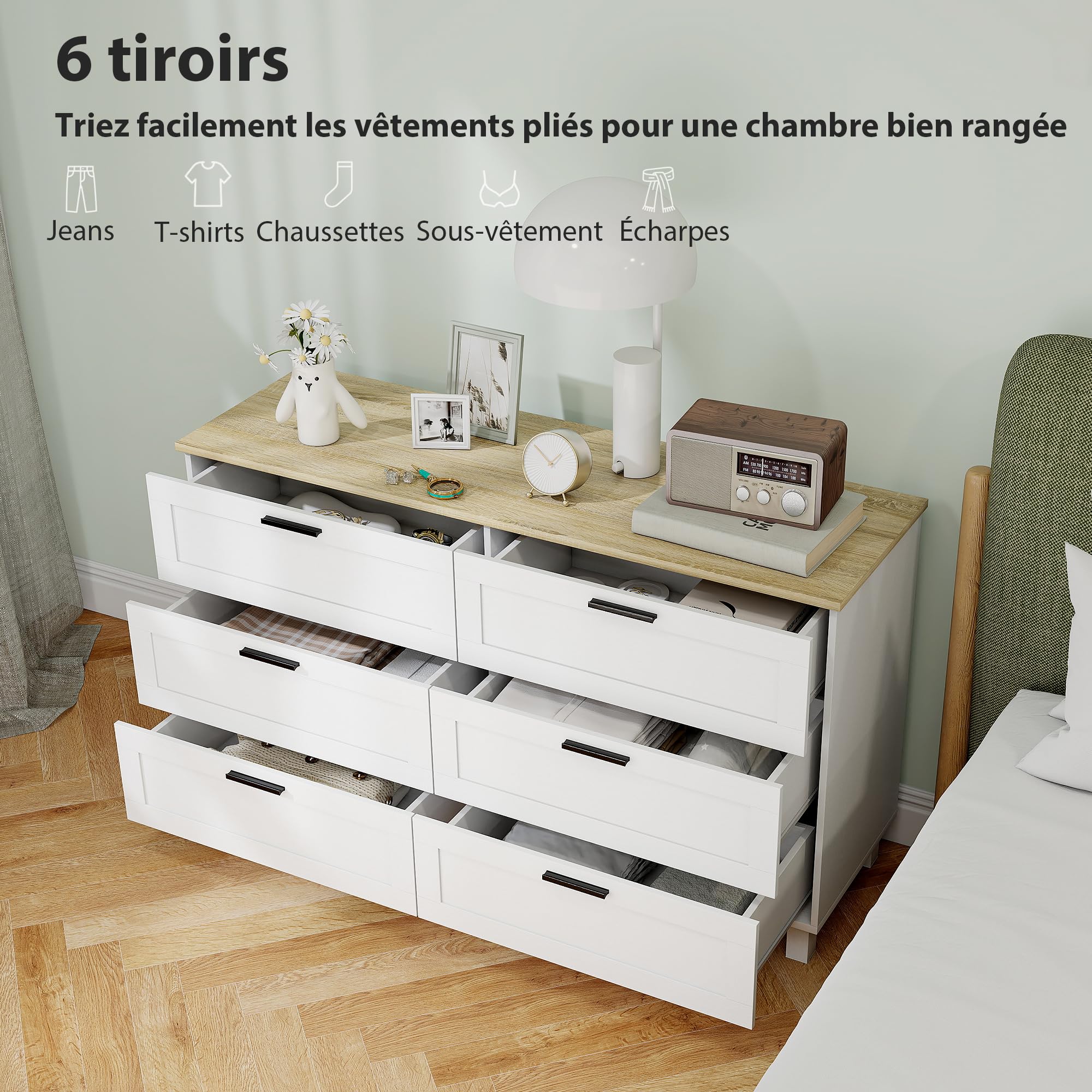 HOMCOM Commode 6 tiroirs, Meuble de Rangement avec Pieds en Bois de pin, Style Moderne, Commode pour Chambre à Coucher, Salon, Couloir, 120 x 38 x 71 cm, Bois Naturel et Blanc