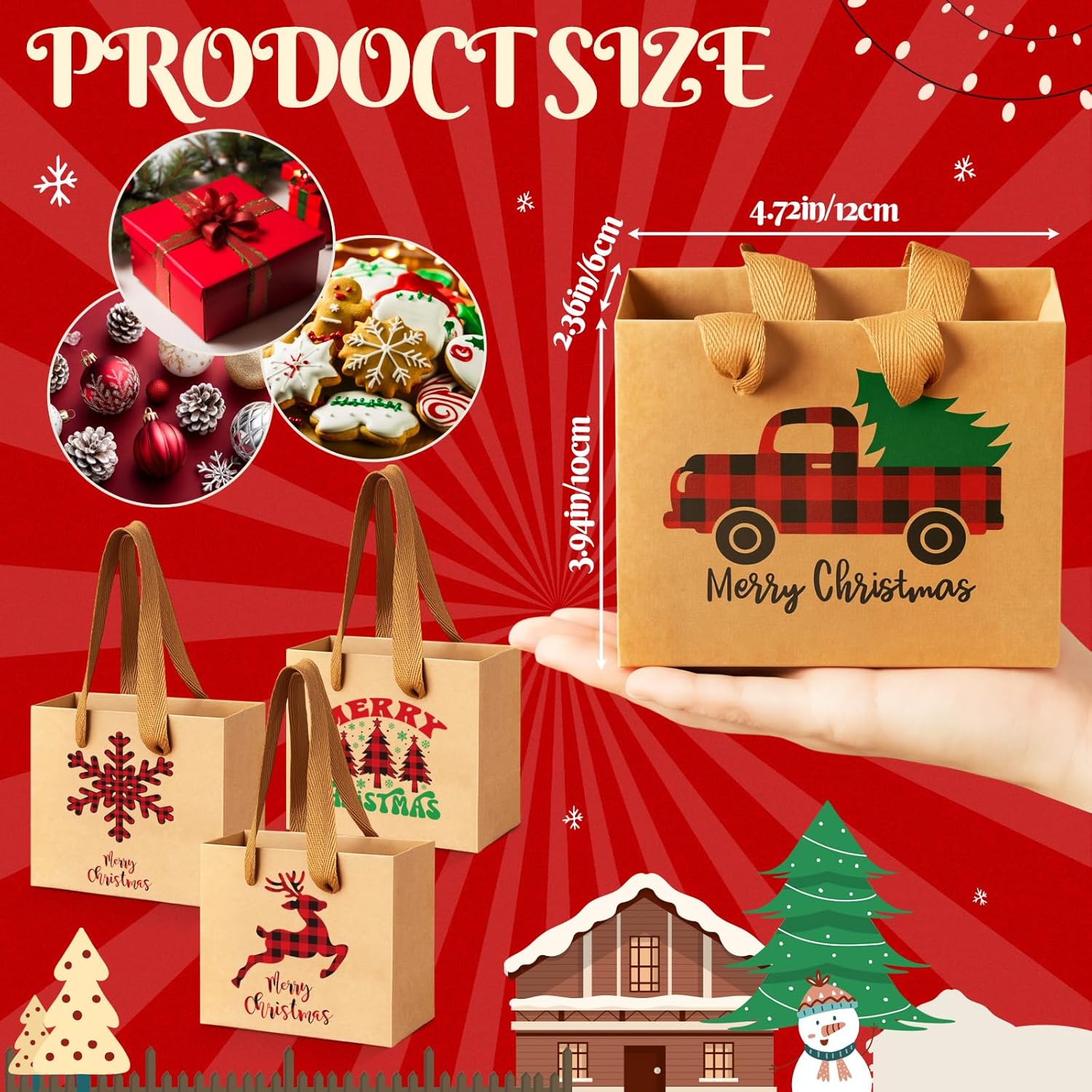 Tenceur 48 Pcs Mini Christmas Kraft Gift Bags with Handle Small Xmas Paper Treat Bags with Snowflake Xmas Tree Plaid Reindeer Car Patterns for Merry Christmas Holiday Party Favor Supplies