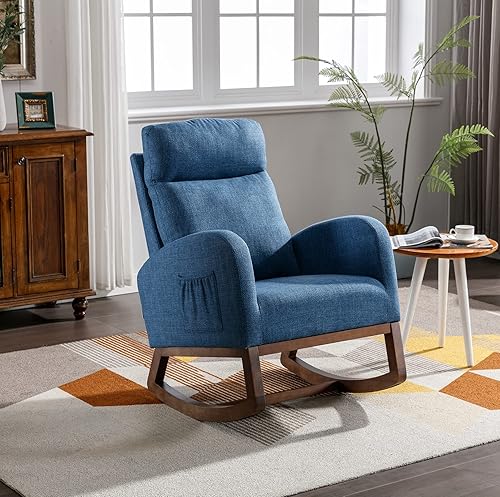 Cómoda mecedora para guardería, mecedora acolchada con bolsillo, sillón decorativo con reposacabezas y base de madera maciza, moderna silla de sala