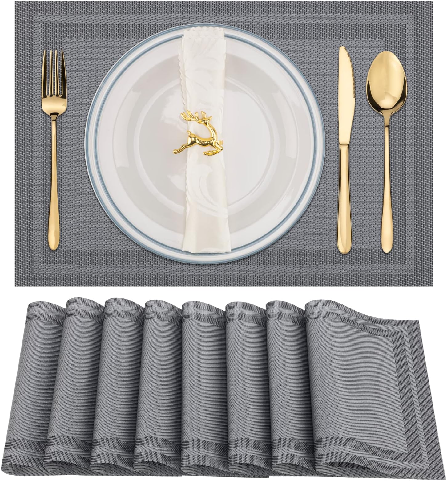 Winknowl Placemats Set of 8，Heat Resistant Woven Vinyl Washable PVC Place Mats，Non-Slip Stain Resistant Indoor/Outdoor Table Mats for Dining Table (Grey)