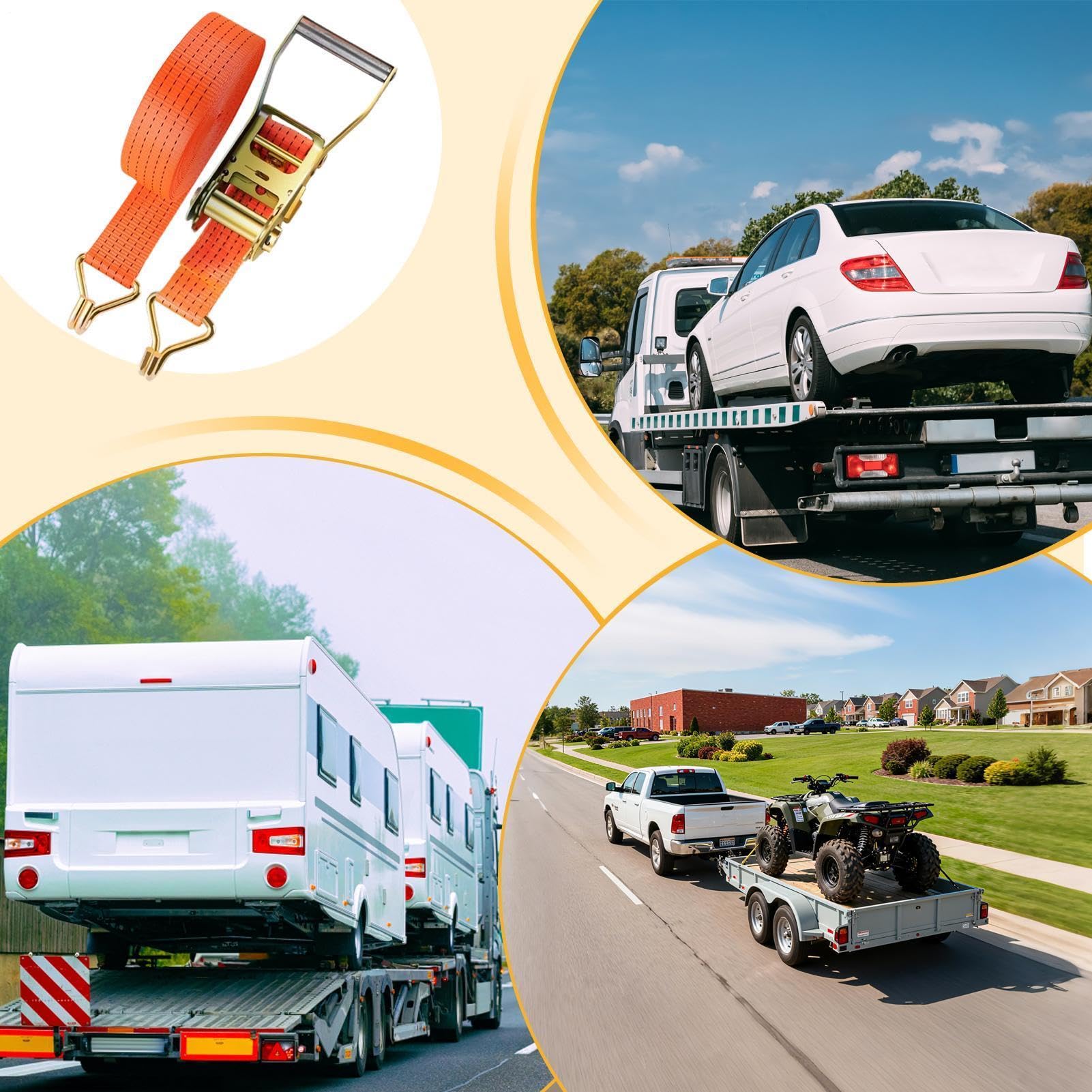 Cinghie di Fissaggio per Auto su Rimorchio 4 Pezzi con Moschettoni Pesanti | Cinghie a per Furgone, Camion, Moto, Barca, Kayak, Carico