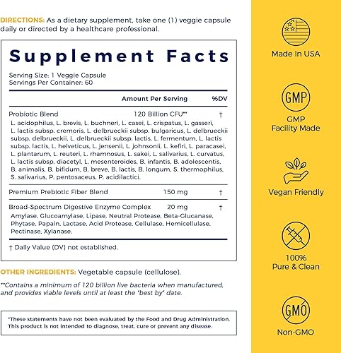 Miniatura 8 de NewRhythm Probióticos 120 mil millones de UFC, 36 cepas, probióticos 3 en 1 para la salud digestiva y apoyo inmunológico con prebióticos y enzimas,