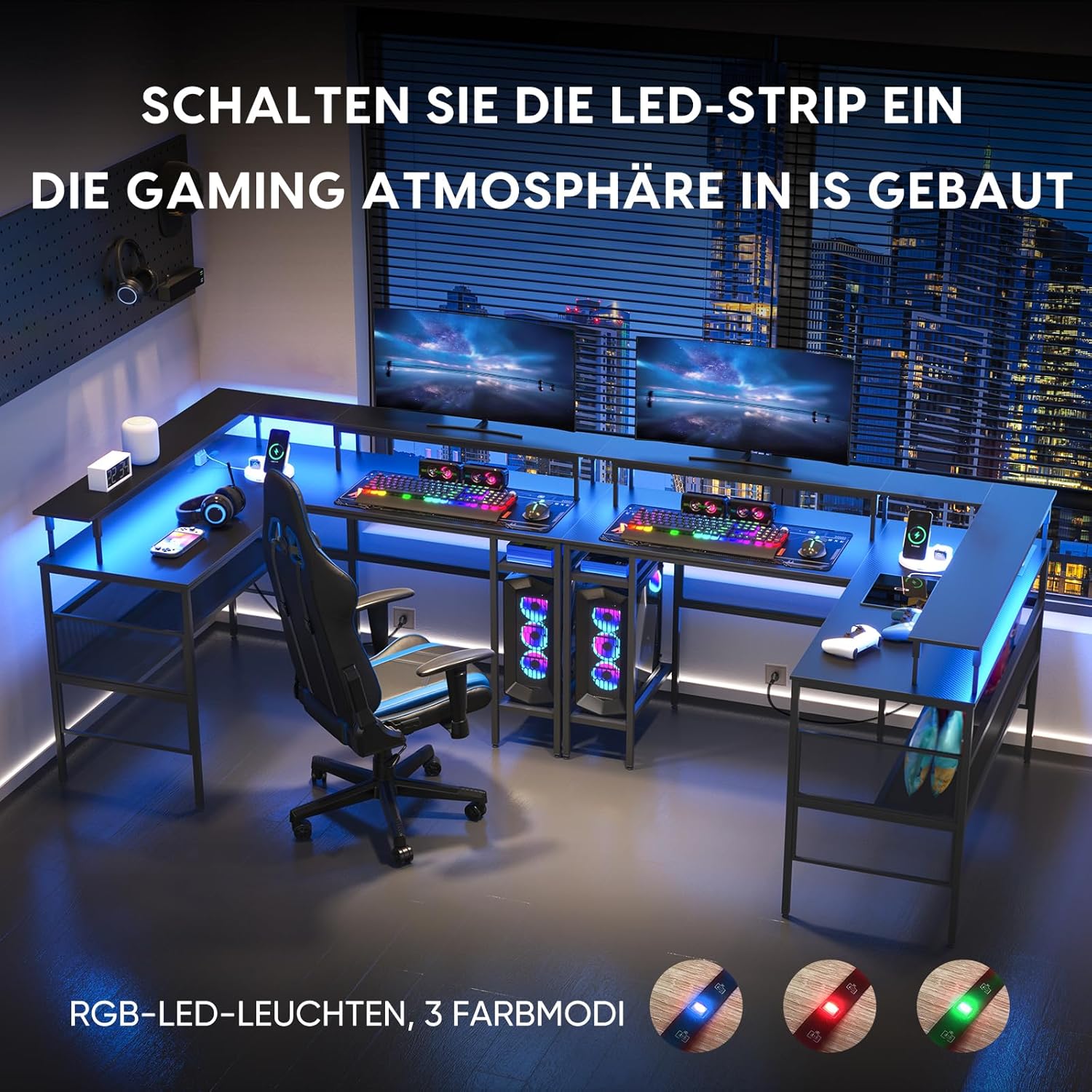 WASAGUN L-shaped desk with LED strip lights and three color mode indicators.