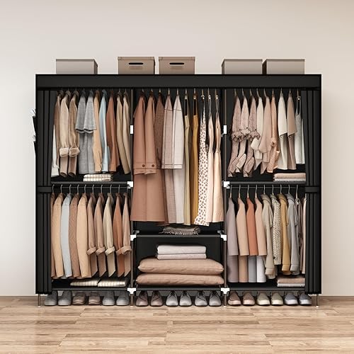 Miniatura 8 de Armario portátil para armario, organizador de almacenamiento de ropa con cubierta, varillas para colgar ropa y estantes de almacenamiento, negro,