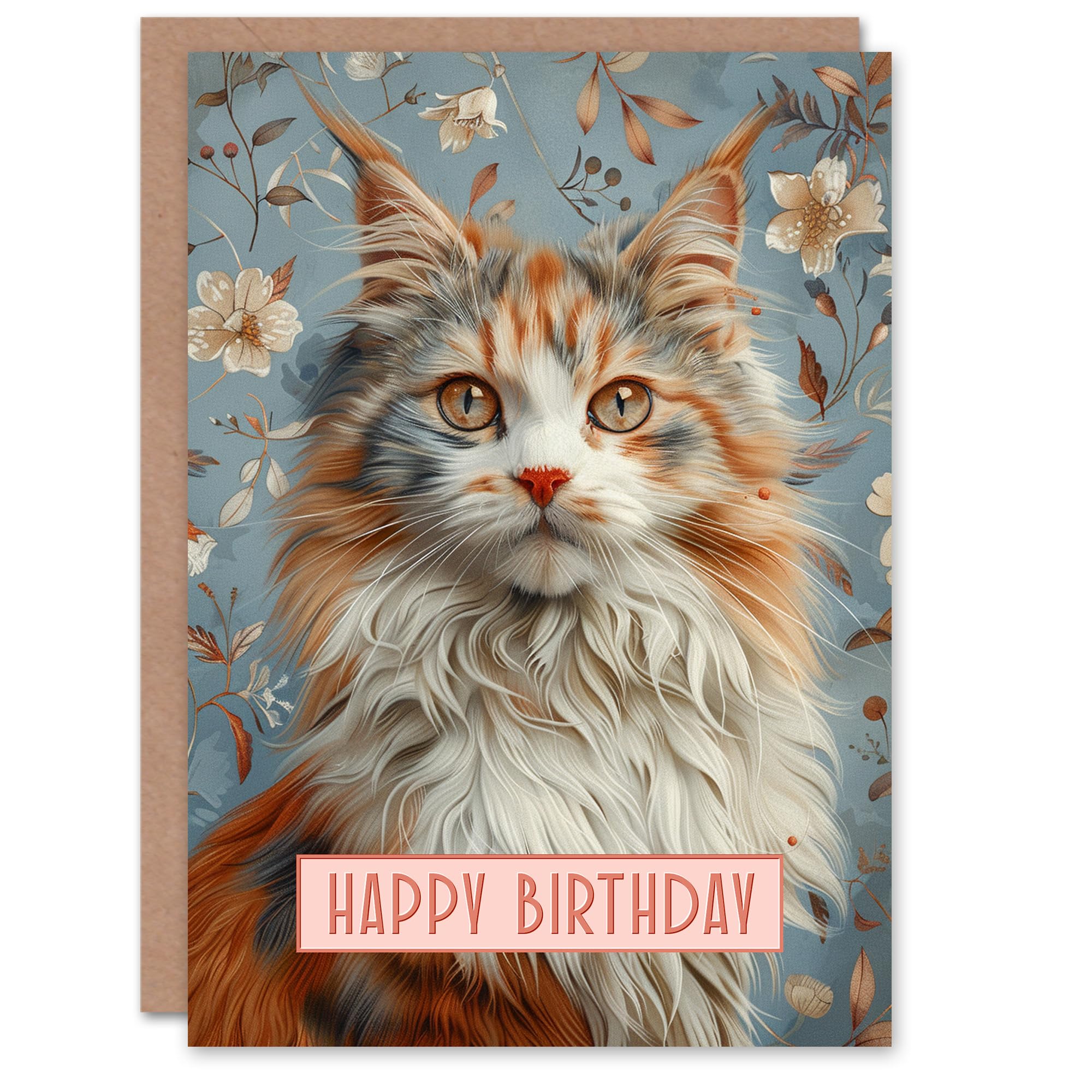 Birthday Card Cat Lover Fluffy Maine Coon Retro Floral Pattern Greeting Card
