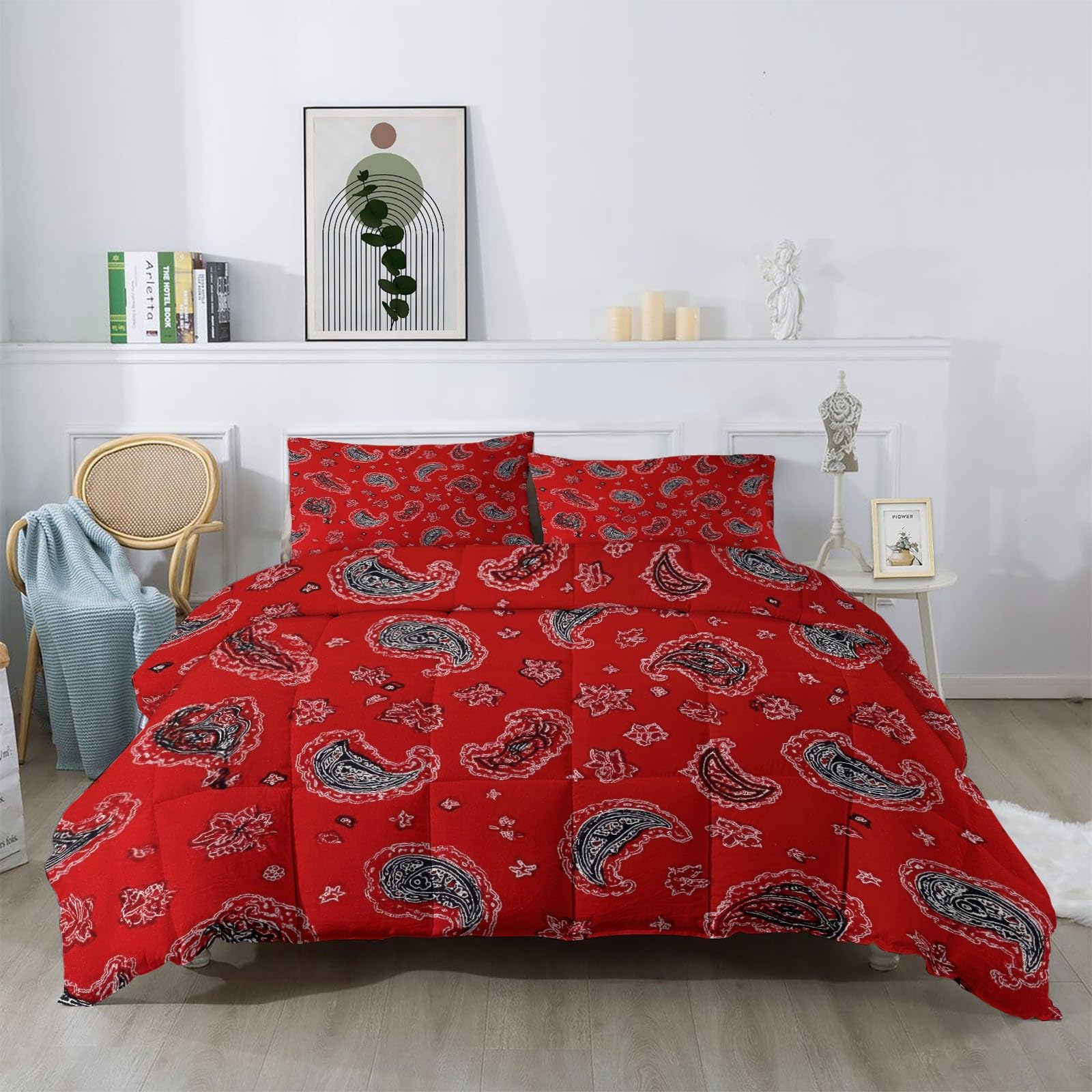 Trapunta estiva 135 x 200 cm Bambino, trapunta vintage tradizionale fiori linee, per letto matrimoniale, leggero e morbido Edredon Atmosfera rossa grigia reversibile senza fodera con 2 federe