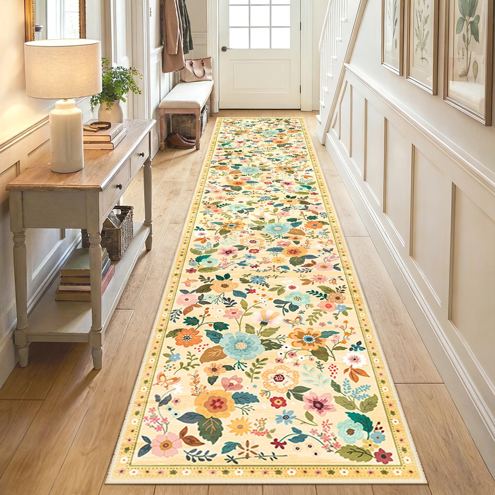 DEFYNEE Runner Rugs for Hallway, 60×300cm Floral Rug, Non-Slip 5.88mm Low Pile Boho Vintage Floral Carpet with Printed Design for Kitchen, Bedroom, Entryway, Lounge, Bedside, Ivory/Yellow — image 1