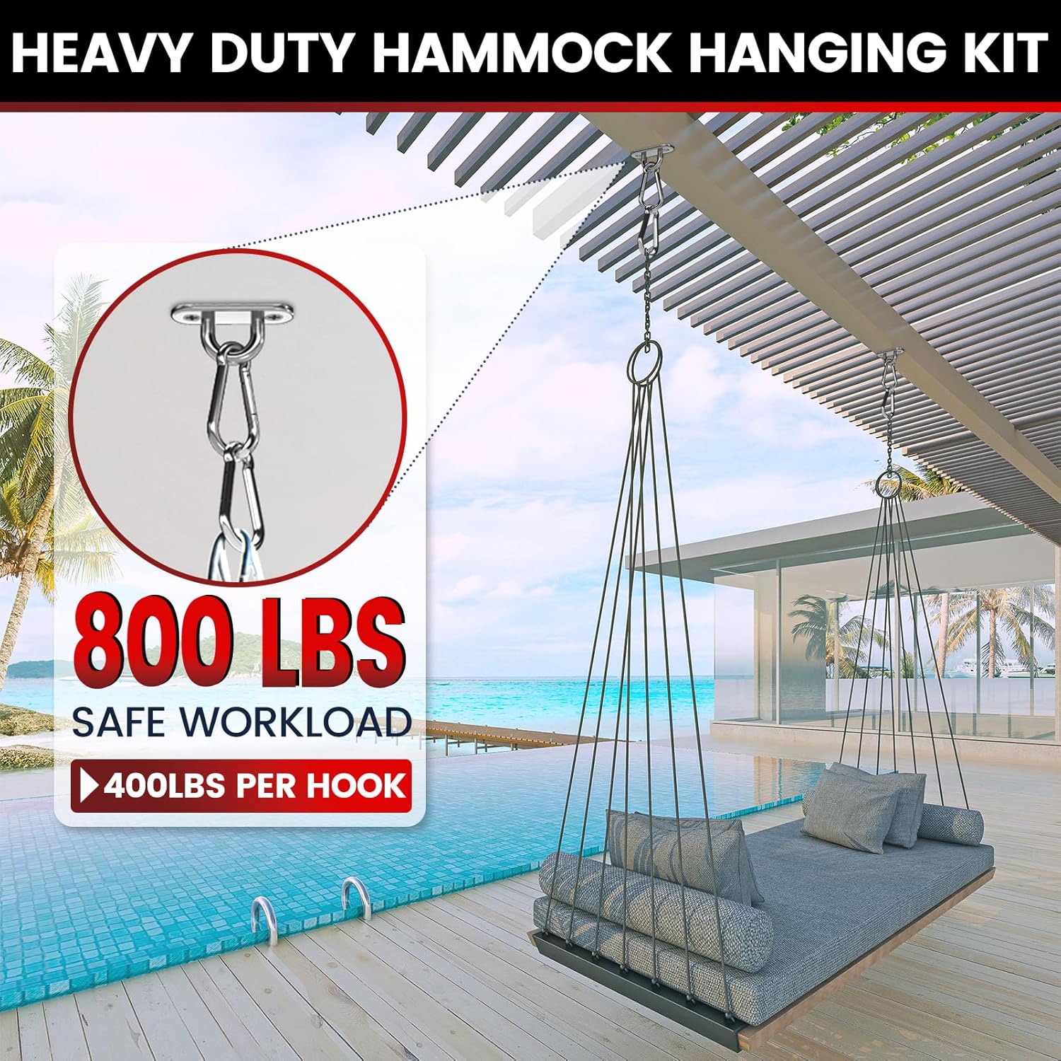 sprookber 304 Stainless Steel Pad Eye Snap Hooks, M6 Heavy Duty Ceiling Hooks, 800 lb Capacity Hammock Swing Hanging kit, Plant Hangers, Marine Hardware Staple Hook Loop with Screws, Set of 8 - Image 2