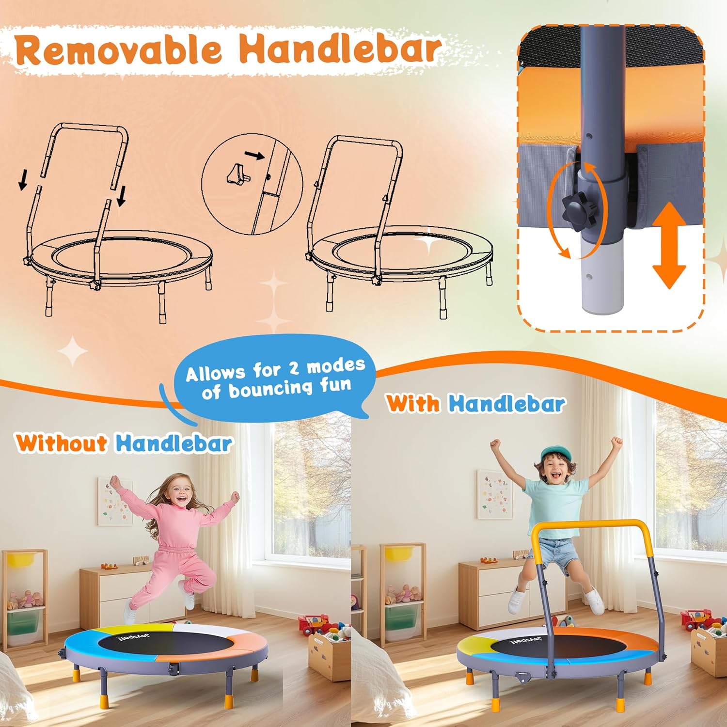 JOY SPOT! Premium 3FT Foldable Toddler Trampoline for Kids Ages 1-6, 36 Inch ASTM Certified Mini Trampoline with Adjustable Handle, 100 lbs Capacity, Quiet Elastic Bands, Safe for Indoor Outdoor Use