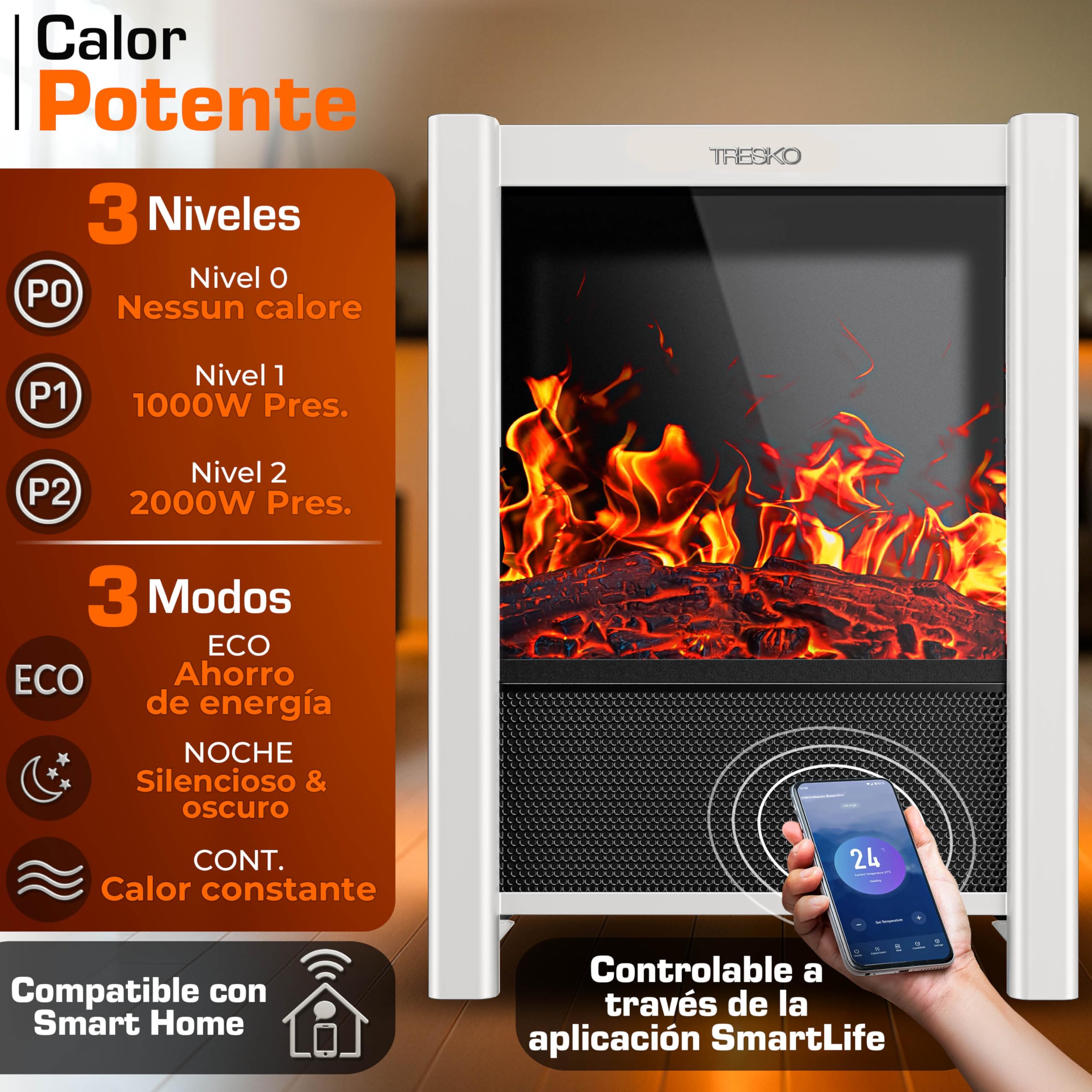 TRESKO Chimenea eléctrica 2000 W Smart Home WiFi Mando Estufa eléctrica Efecto Llama LED Pantalla LCD Termostato Calefacción ventilado