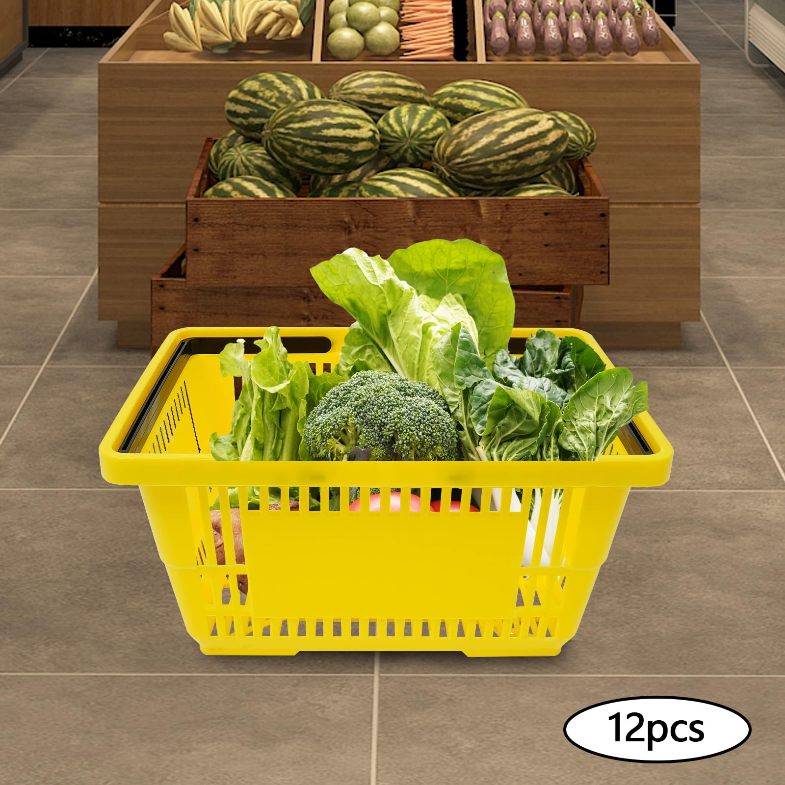 Einkaufskörbe-Set, 28 l, Kunststoff, Einkaufskorb mit Griffen, tragbarer Aufbewahrungskörbe, moderner Einzelhandel, Einkaufskörbe, Set für Supermärkte, Einzelhandel, Shopping, Gelb, 12-teilig