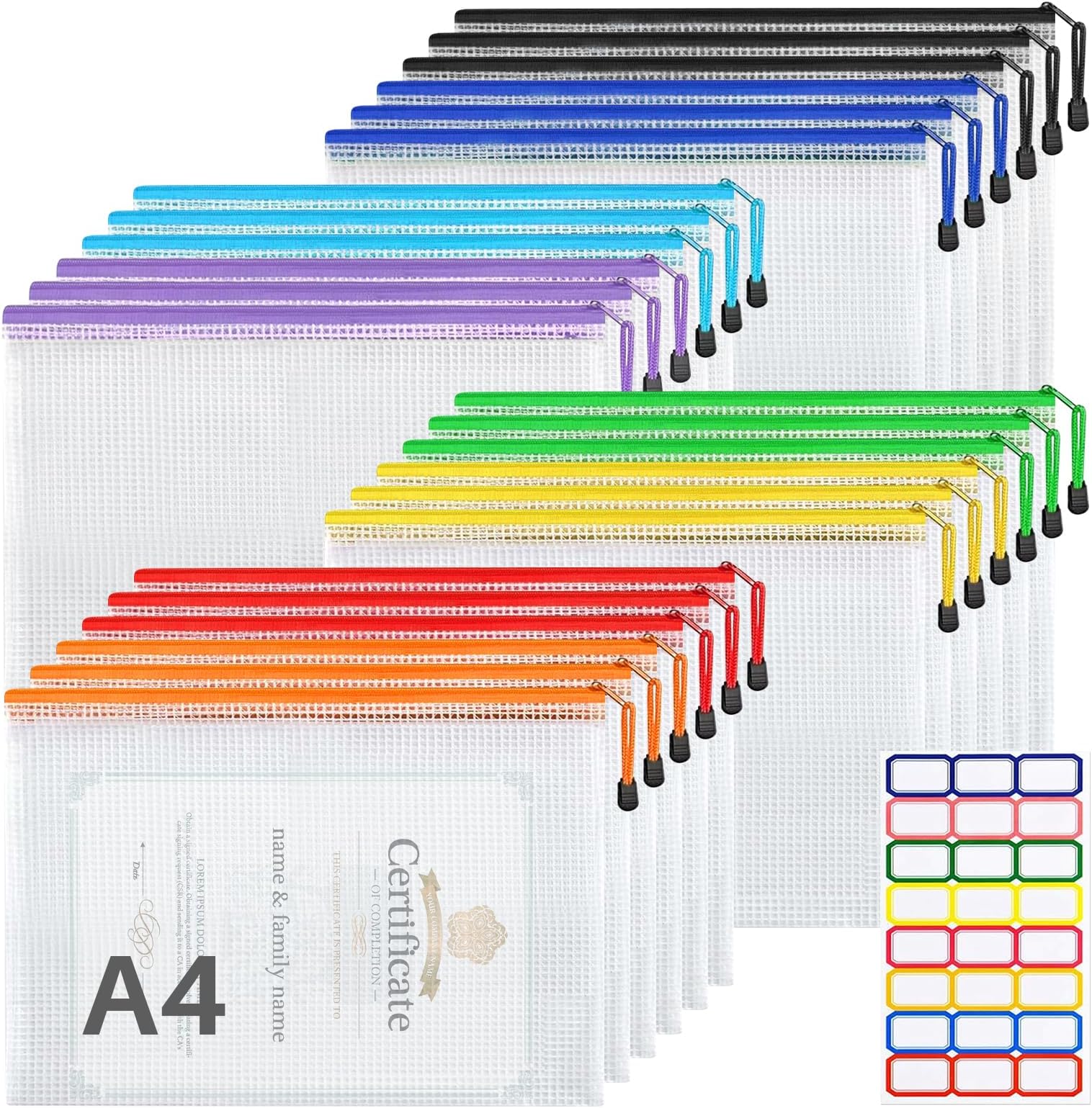 WenYa A4 Plastic Zip Wallets, 24Pcs Mesh File Folder Zipper Bags, A4 Waterproof Document Storage Bags with Stickers for School Office Travel Puzzles Games Storage Cosmetics