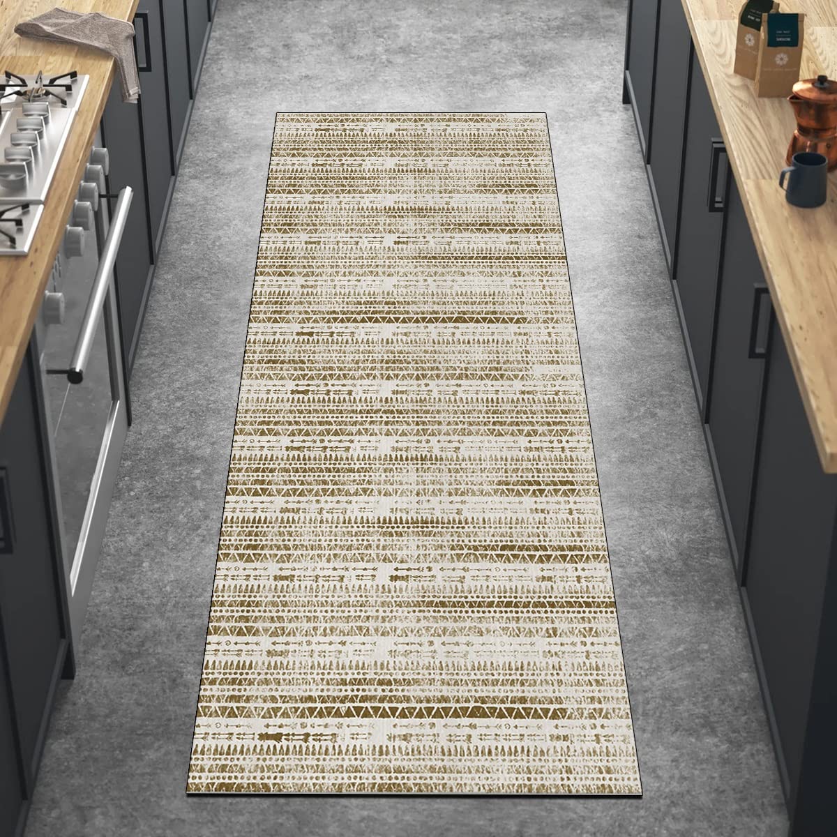 Dywan do korytarza, dywan 100 x 350 cm, szary, brązowy, boho, dywan, mata, antypoślizgowy, zmywalny, chodnik do kuchni, sypialni, przedpokoju, schodów, drzwi, możliwość personalizacji