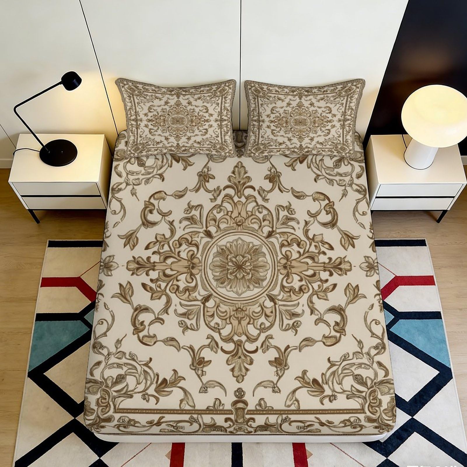 3D Printed European Baroque Fitted Sheet Microfiber Soft Breathable Vintage Damask Mattress Cover for Bedroom Decor 90x200x25cm