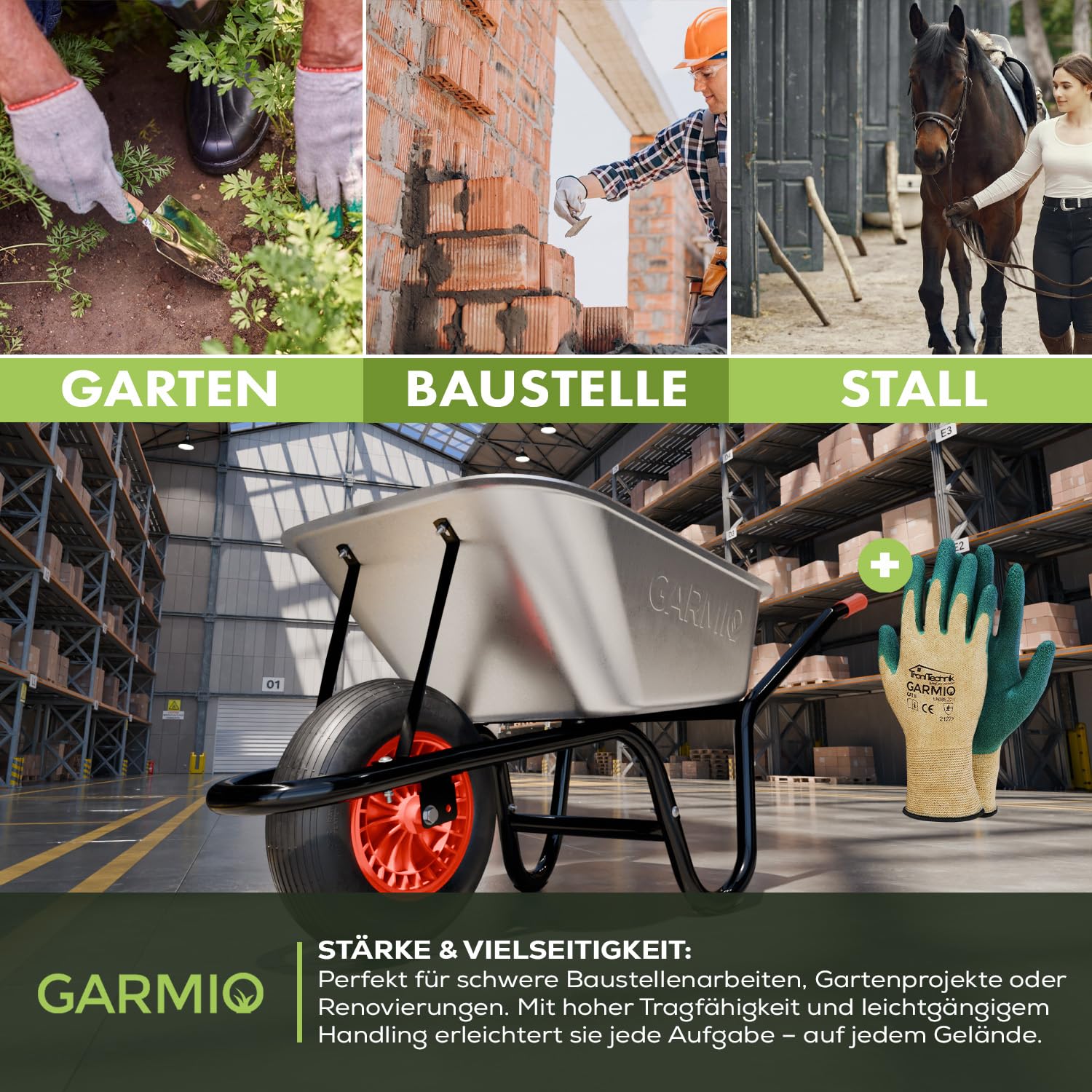 GARMIO® Schubkarre 85 Liter bis 160kg Tragfähigkeit Garten Bauschubkarre, Gummi-Luftreifen mit Felge - Wanne verzinkt, Hofkarre, Robustes Stahlgestell für Haus und Hof