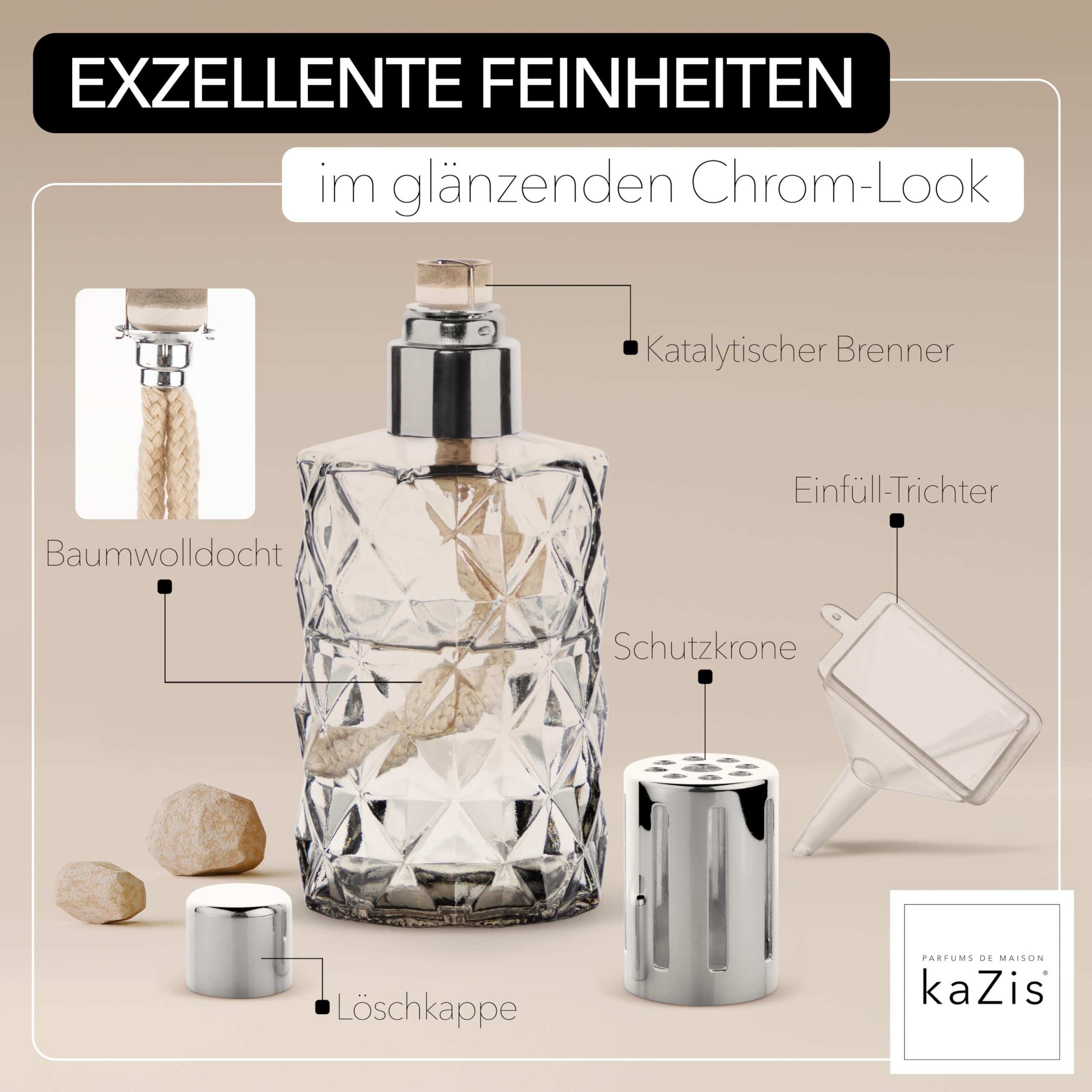 KAZIS® I Katalytische Lampe I Duftlampe I Glas I XXL I 400 ml Inhalt I graue Rauten