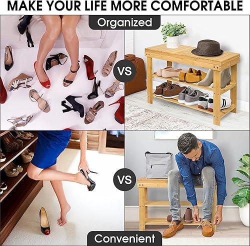 Miniatura 4 de BAMBUROBA Zapatero Banco de almacenamiento de bambú Organizador de entrada Estante organizador con cajón de almacenamiento en la parte superior,