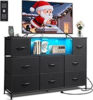 WLIVE Black 8-Drawer TV Stand Dresser for 55" TVs - LED Lights, Charging Station, Entertainment Center with Fabric Drawers