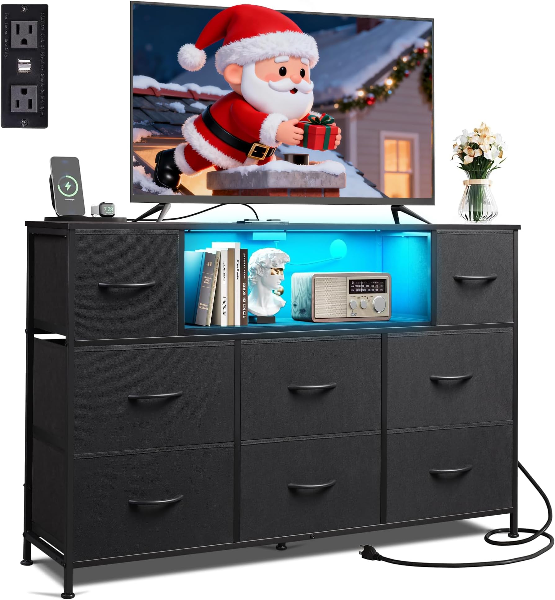 WLIVE Black Dresser for Bedroom, TV Stand for Bedroom for 55 inch TV with Charging Station and LED Lights, Fabric Chest of Drawers with Open Shelves, 8 Drawers Dressers for Living Room,
