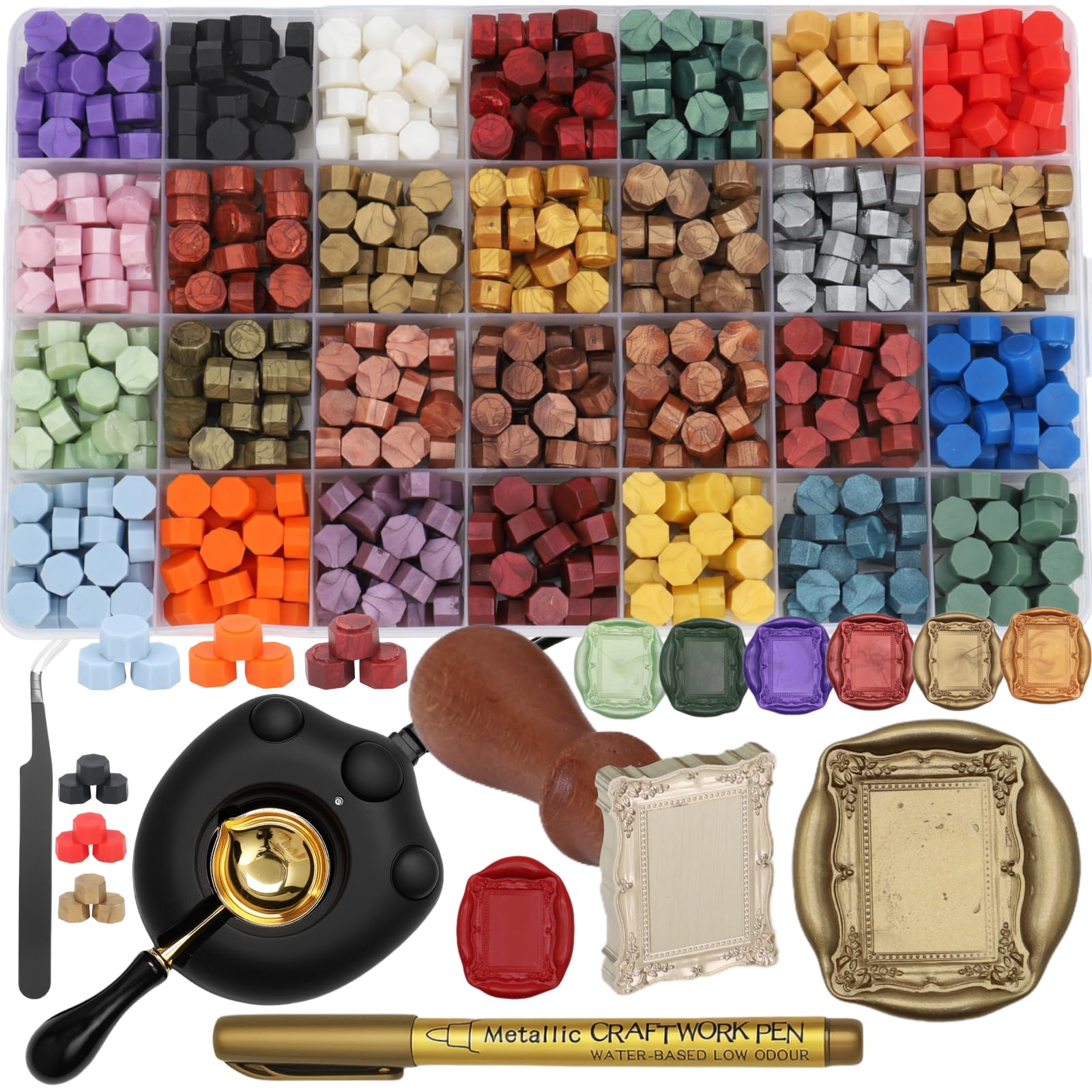 Kit di 728 perline di ceralacca elettriche, con scaldacera elettrico, fornace, telaio, penna dorata, pinzette (K001)