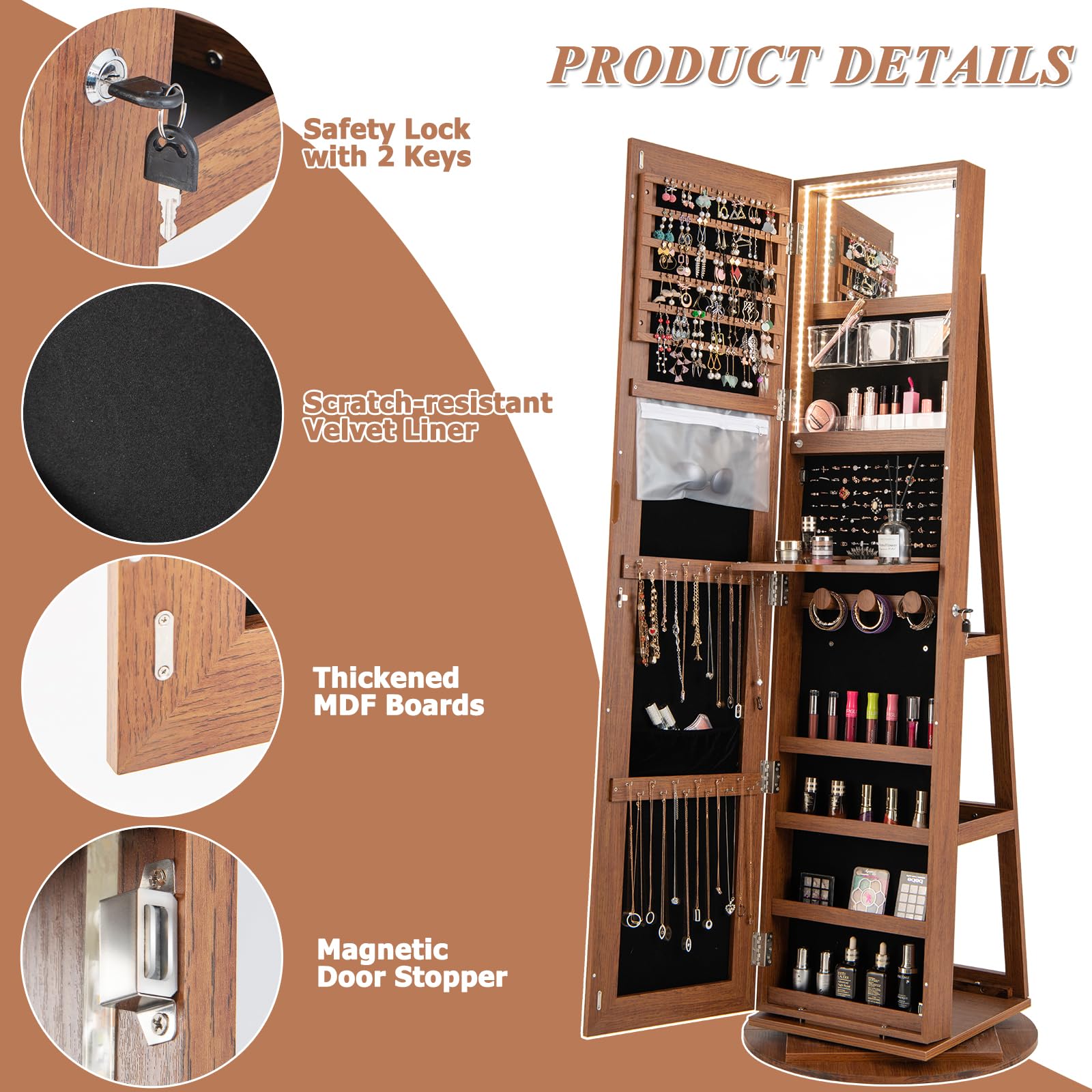 HOMASIS 3 in 1 Schmuckschrank mit Ganzkörperspiegel, 360 ° drehbarer Spiegel mit Schloss, Schmuckaufbewahrung mit LED-Lichtern, Make-up-Organizer mit Ablagen auf der Rückseite (Braun)
