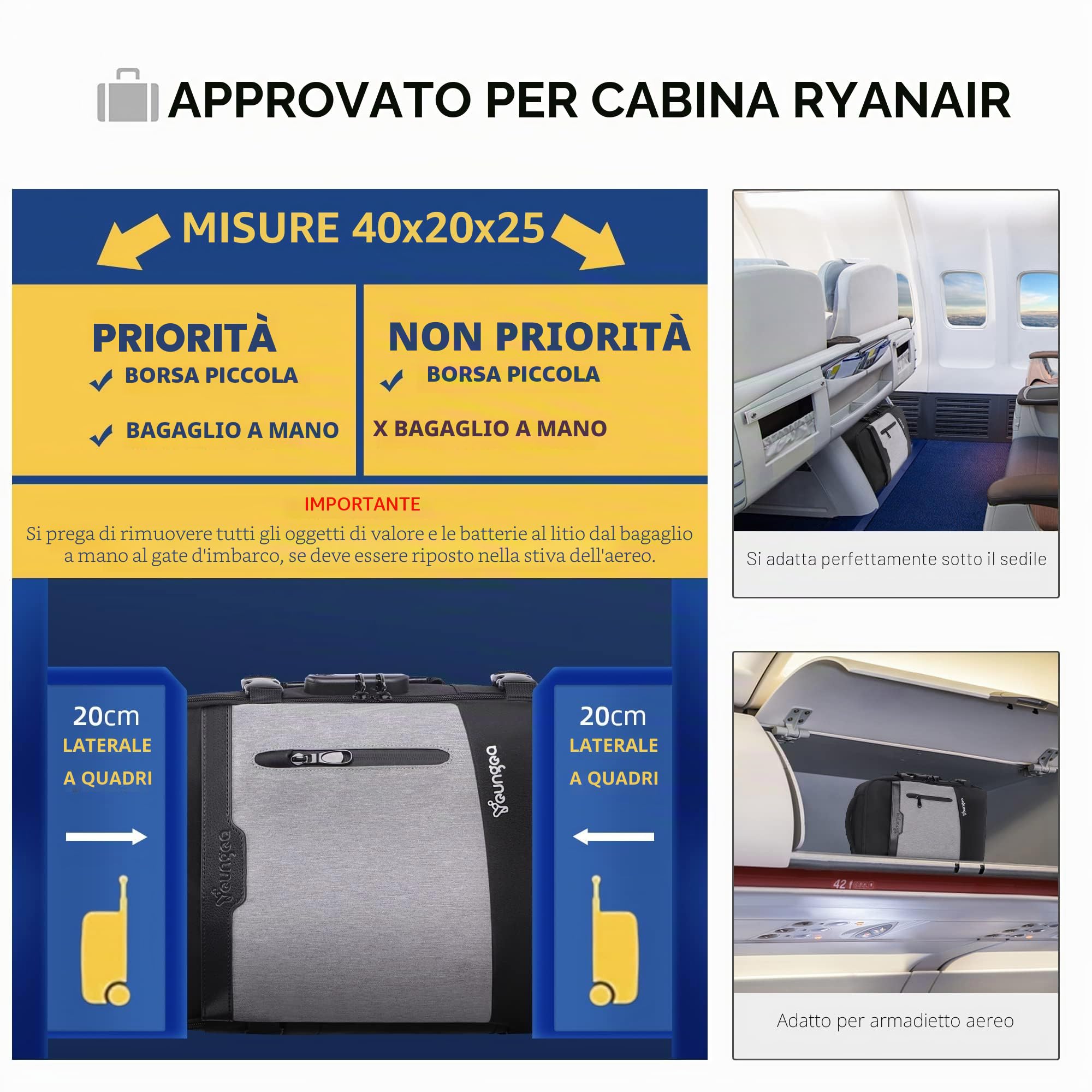 Zaino da Viaggio Ryanair 40x20x25 Bagaglio a Mano con Scomparto per porta pc Antifurto con Serratura Codificata 20L YG063 Grigio