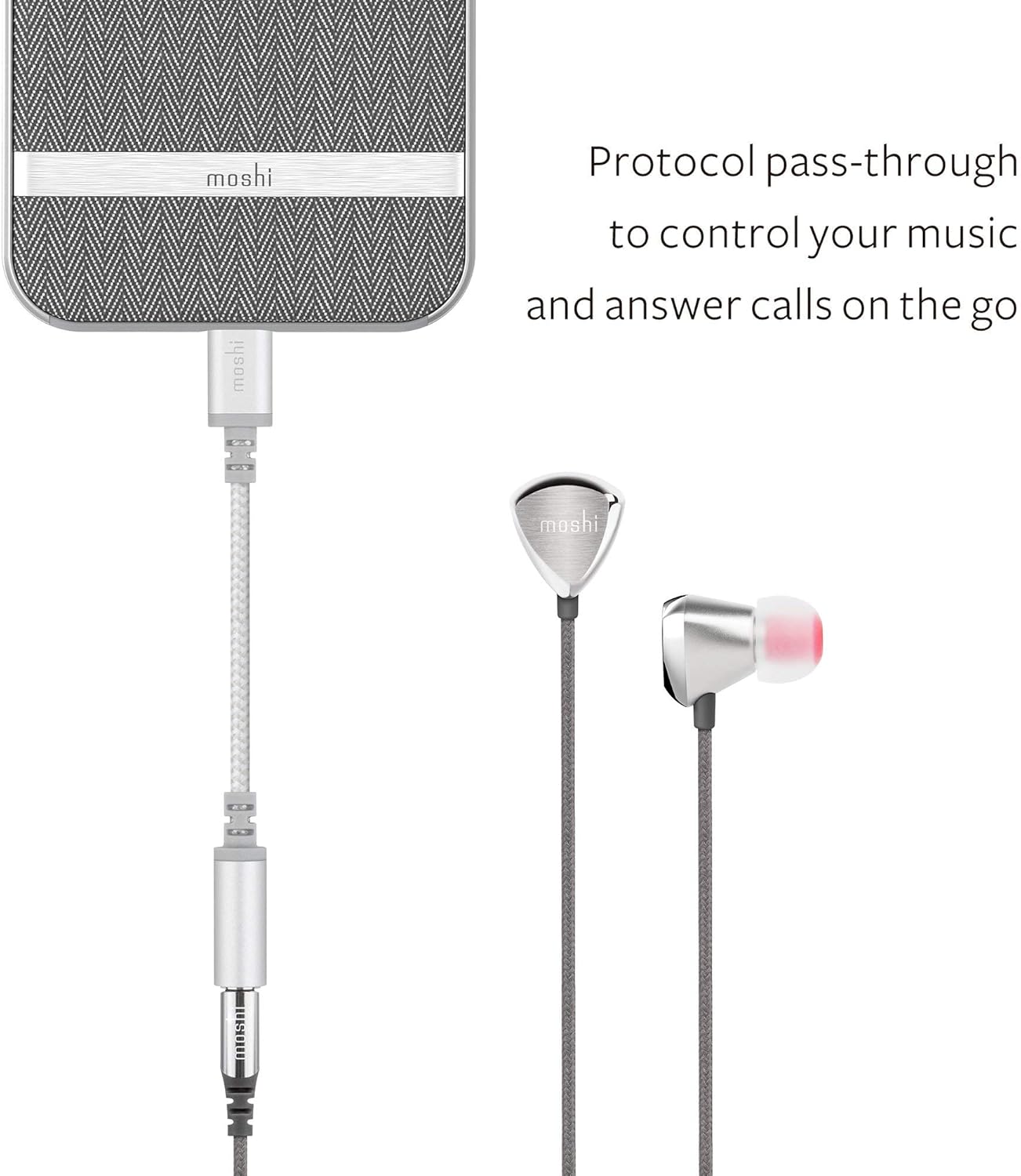 Moshi Integra Lightning to 3.5mm Headphone Jack Adapter [MFi Certified], DAC Chip Integrated, Ballistic Nylon Braiding, Aluminum Housings, Exceeds 10,000 Bend Cycles, for iPhone/iPad, Jet Silver