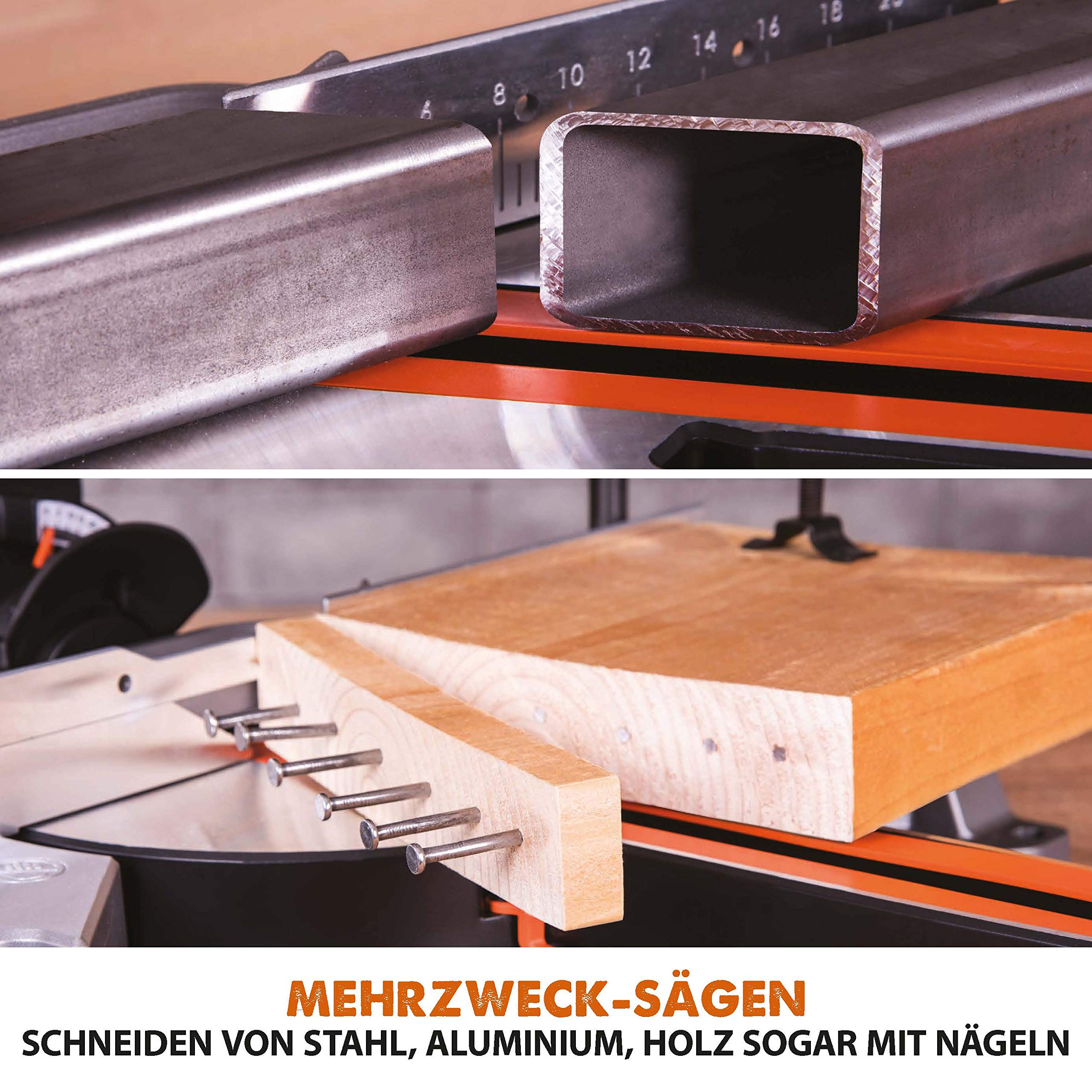 Evolution Schiebe-Kapp- und Gehrungssäge R210SMS-300+ | 1500 W, 300 mm Gleitfunktionalität, Schrägschnitt, Gehrungswinkeln | Ø 210 mm HM TCT Sägeblatt für Multimaterialschnitt | Zug-kapp-gehrungssäge