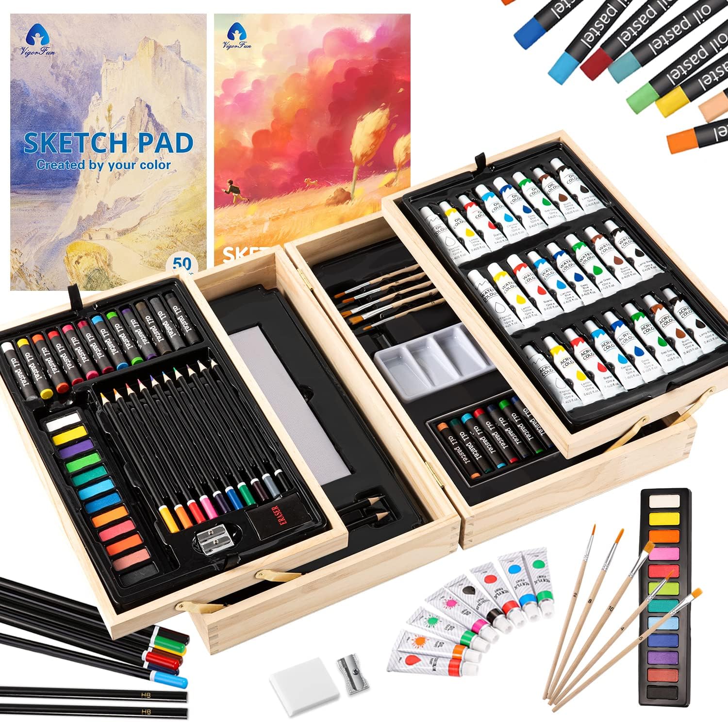 Vigorfun Art Set in Wooden Case with 2 Sketch Pads, Soft & Oil Pastels, Acrylic & Watercolor Paints, Water Color, Sketching, Charcoal & Colored Pencils, Watercolor Cakes and Tools : Arts, Crafts & Sewing