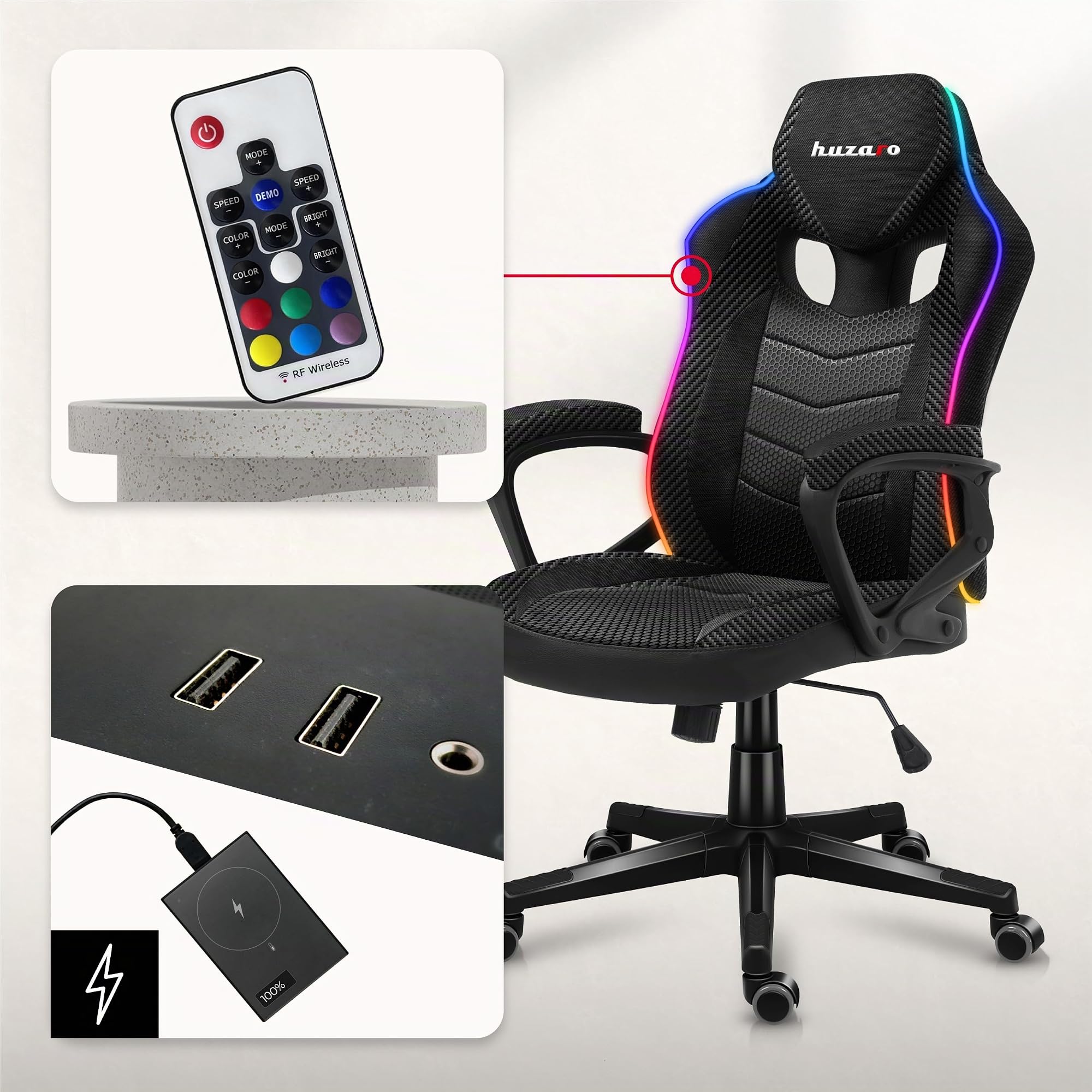 huzaro Force 2.5 Gaming Stuhl mit LED - ergonomischer Gaming Stuhl | RGB Beleuchtung mit Fernbedienung - Schreibtischstuhl Gaming mit Wippfunktion - SoftFlex - bis 130 kg - Schwarz Carbon