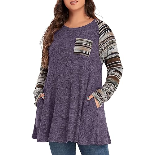 OVERWORETY Long Sleeve Raglan Plus Size Tunic Tops for Women Color Block Knit Pullover Fall Shirts with Pockets