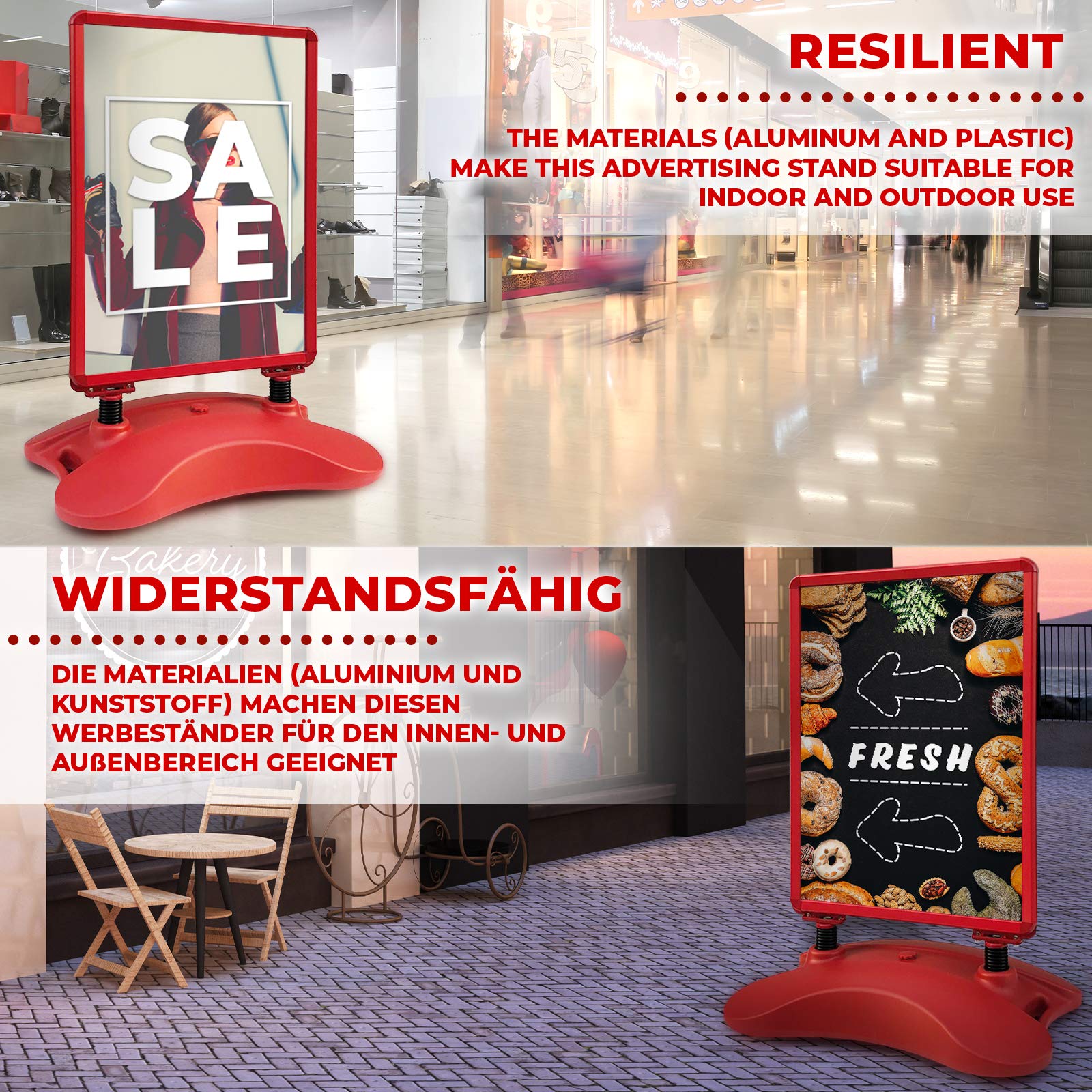 Jago® Porte Affiche - Cadre A1, Double Face, Haute Qualité, Durable, Robuste, Pratique, Remplissable à Eau/Sable, Portable, Rouge - Panneau Affichage Exterieur, Presentoir A4, Tableau d'Affichage