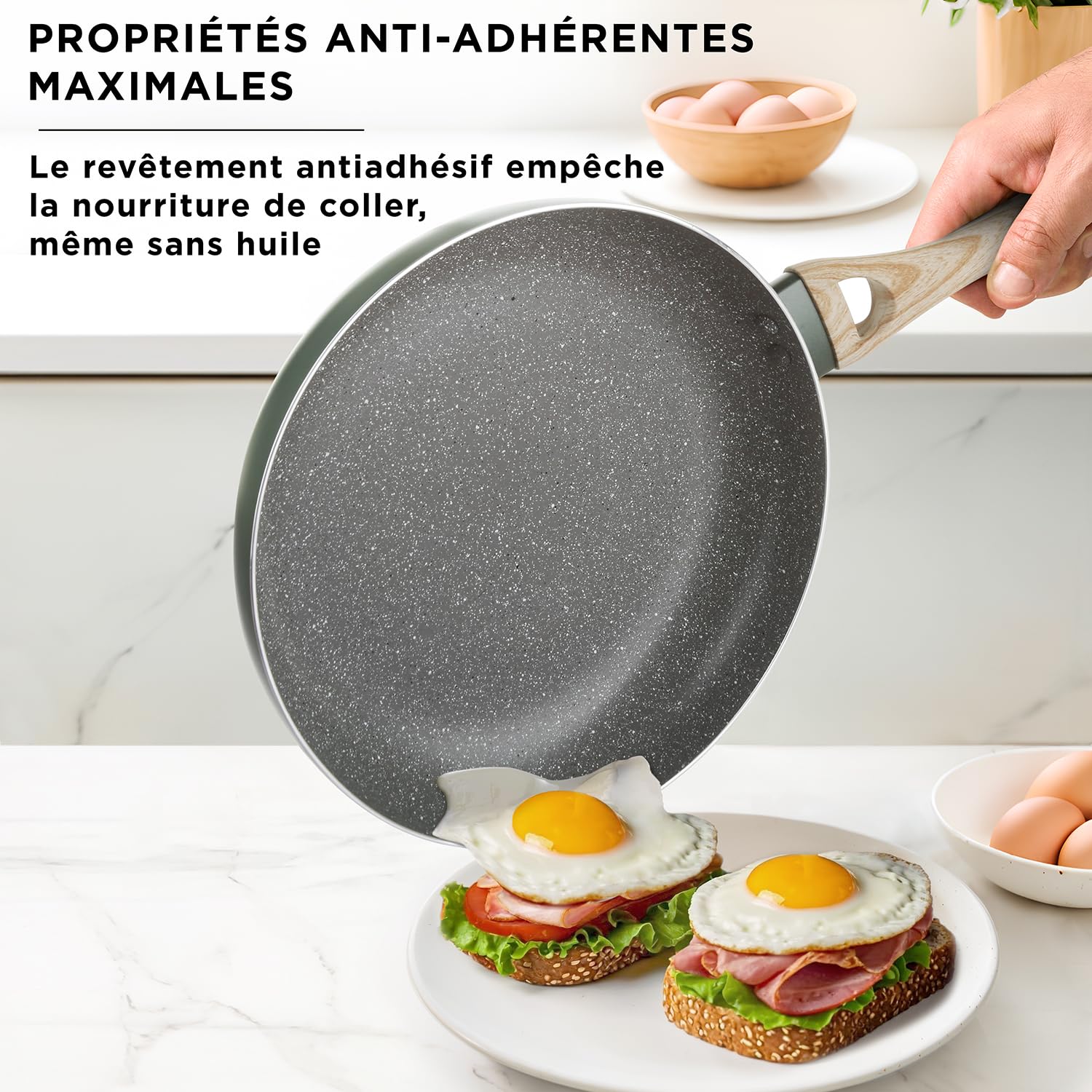 KASANOVA Batterie de cuisine Cooking Therapy, Ensemble de casseroles induction et poêles antiadhésives avec spatule, avec inscription au laser et poignées effet bois (10 pièces)