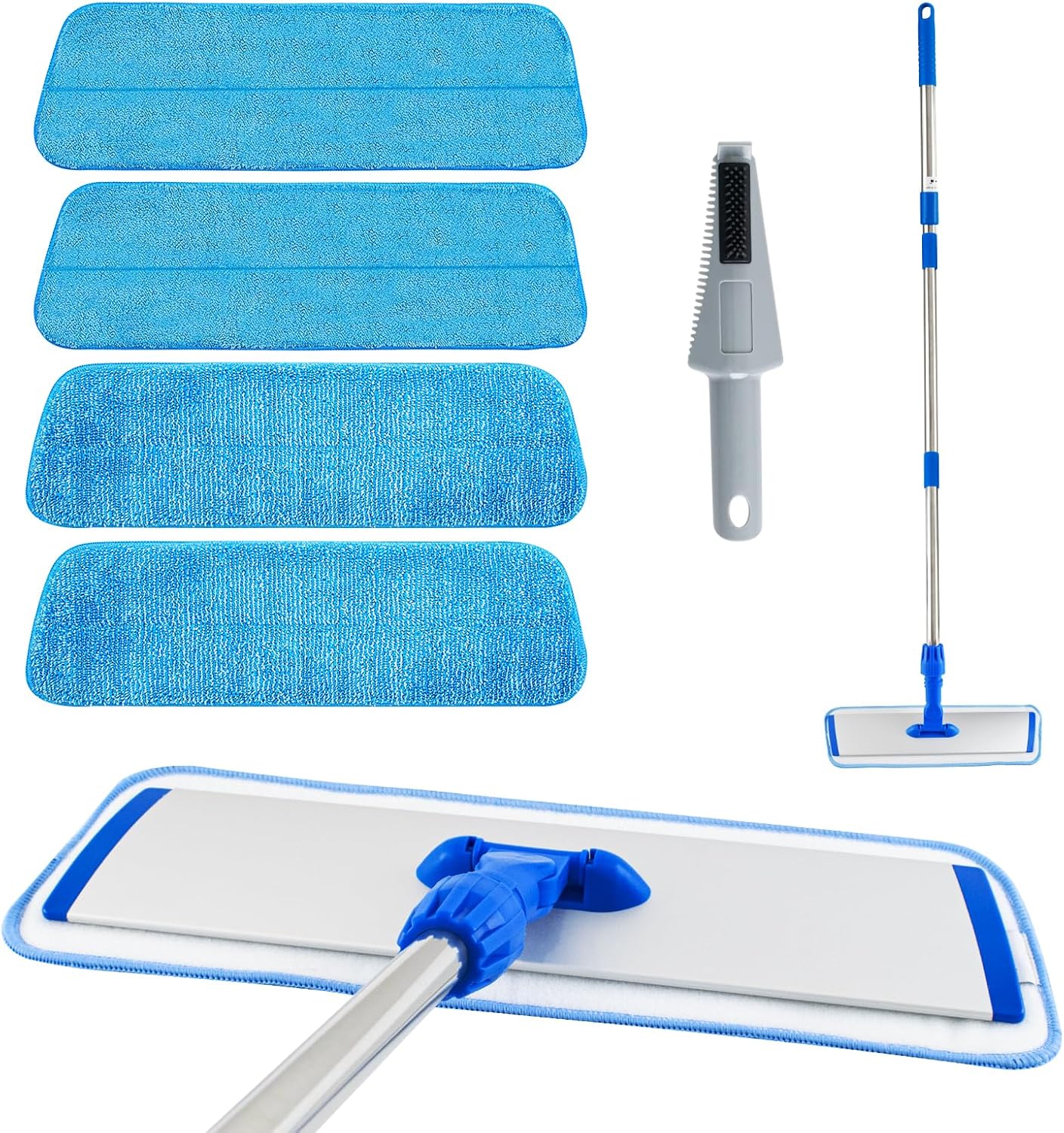 Flat Mop with Stainless Steel Handle, Handle Adjustable 3 Sections Splice Microfiber Mop Floor Cleaning 4 Pieces Mops Cloth Wet & Dry Pads Wet and Dust Mopping