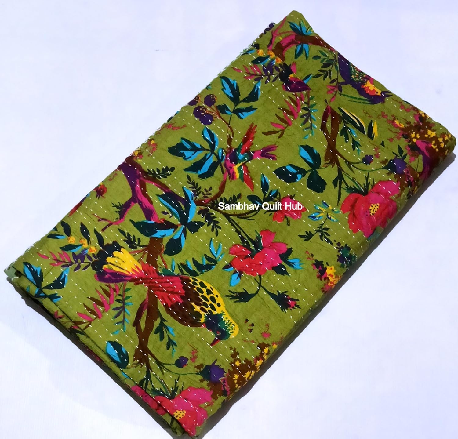 Yellow Floral Bird Kantha Quilt Reversible Kantha Bedding Quilt Bedspread Blanket Hippie Bohemian Kantha Quilting King/Queen Home Decor Bird Kantha Quilt with 2 Pillow Cover (60X90 inches)