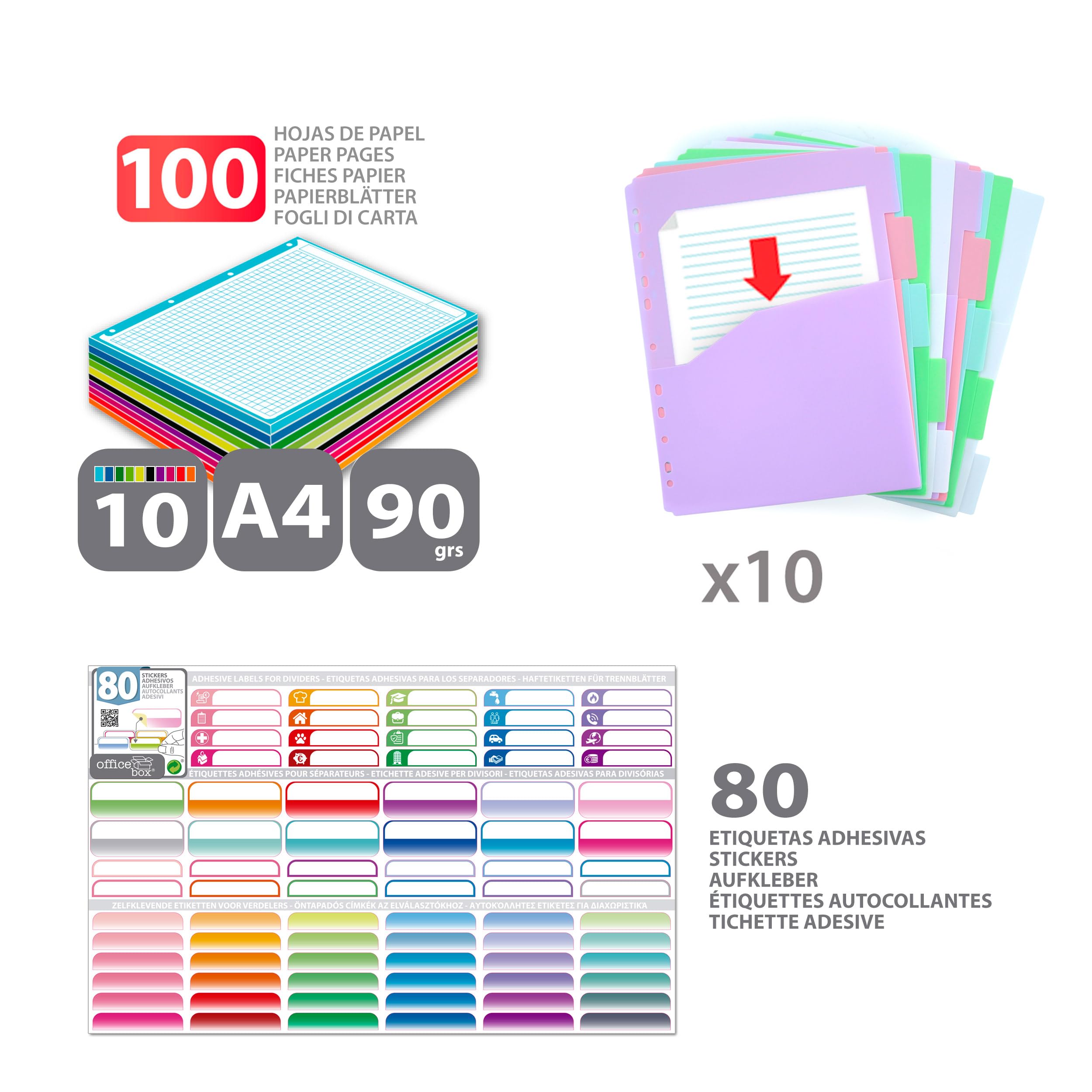 Carpeta & Block A4 Blush Pastel - Carpeta de 4 Anillas con bordes reforzados y Cierre de Gomas - Incluye 100 hojas con10 Separadores Dobles mas 80 Indicadores adhesivos by Office Box (Azul Blush)
