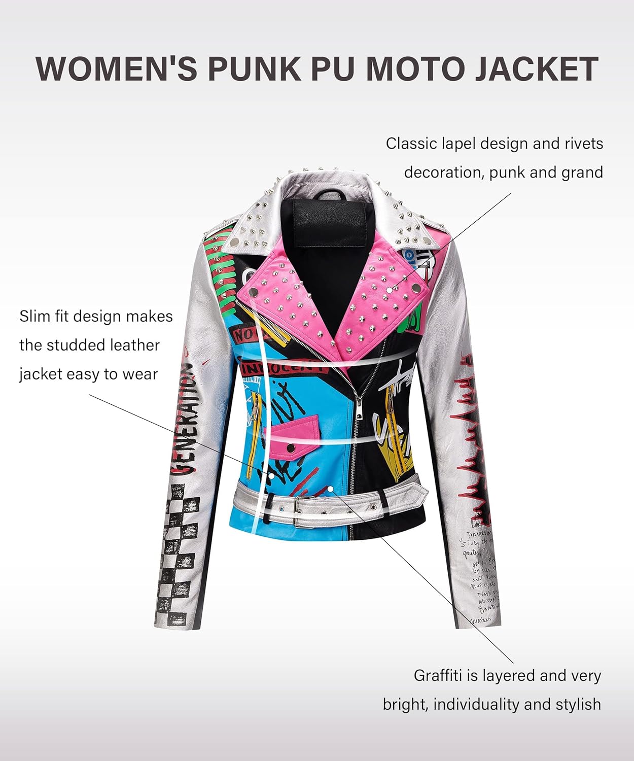 RISISSIDA Women Faux Leather Jacket Studded Rivet Spring Fall Fashion, Hip-Length Moto Biker Trendy Clothes Streetwear Belted - Image 5