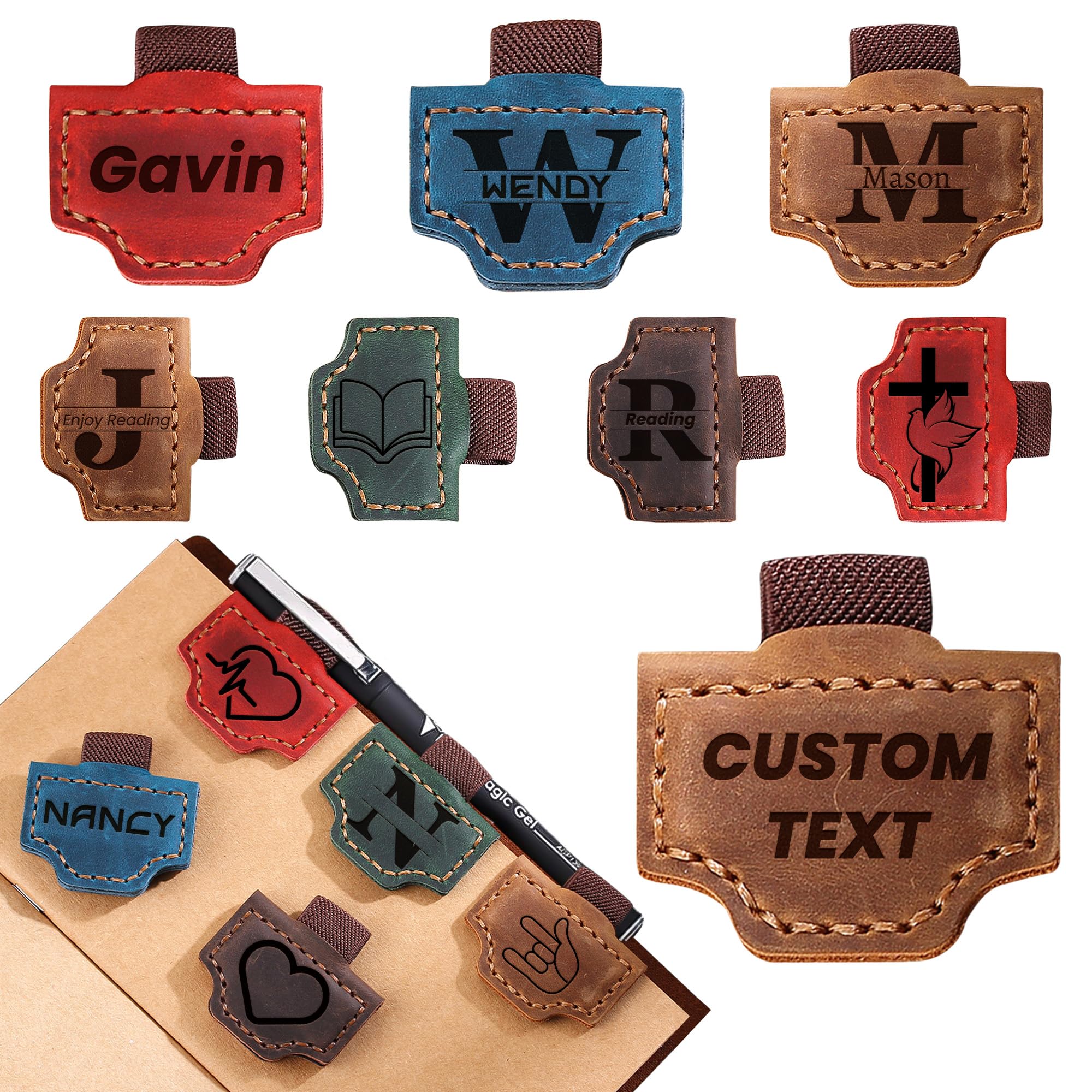 Custom Mark Bookmark with Pen Holder, Personalized Magnetic Leather Pen Holder Bookmark Erebloom Magnetic Leather Bookmarks for Reading Women Book