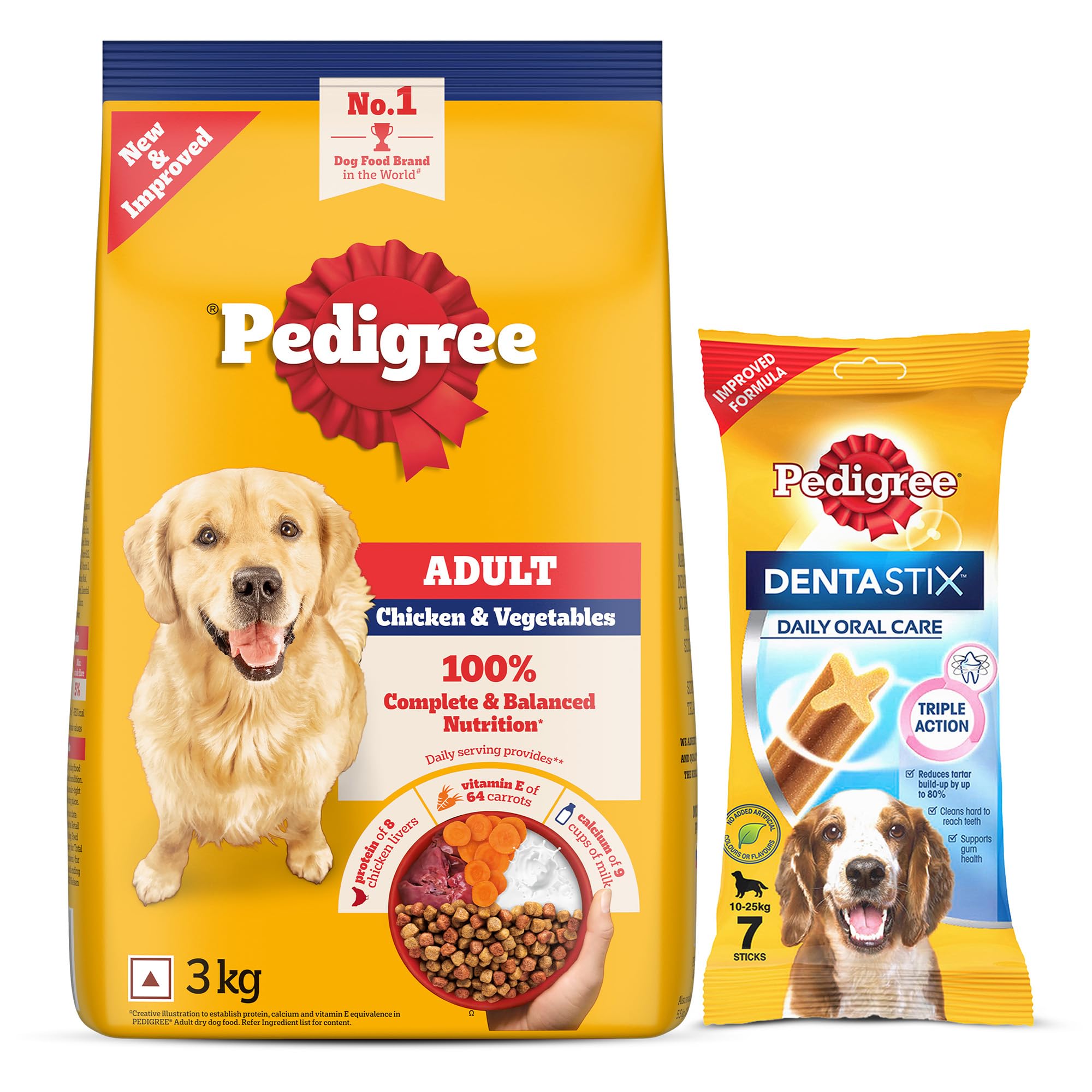 Adult Dry Dog Food, Chicken and Vegetables, 3kg Pack & Pedigree Dentastix Medium Breed (10-25 kg) Oral Care Dog Treat (Chew Sticks) (7 Sticks) 180g Weekly