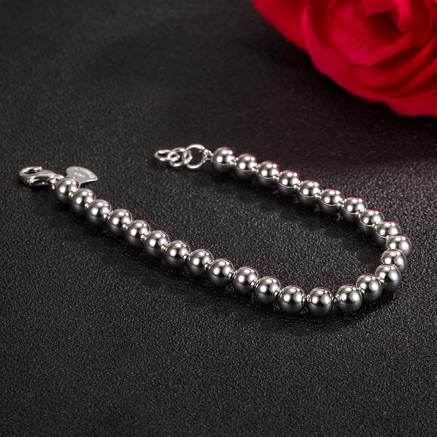 H&Beautimer 925 Sterling Silver 4-10MM Ball Chain Bracelet For Women's - Italian Handmade Bead Chain Bracelet 5''5.7''6.3''6.7''7.5''8''8.3''8.5''9 Inch Rose Gold Party Jewelry