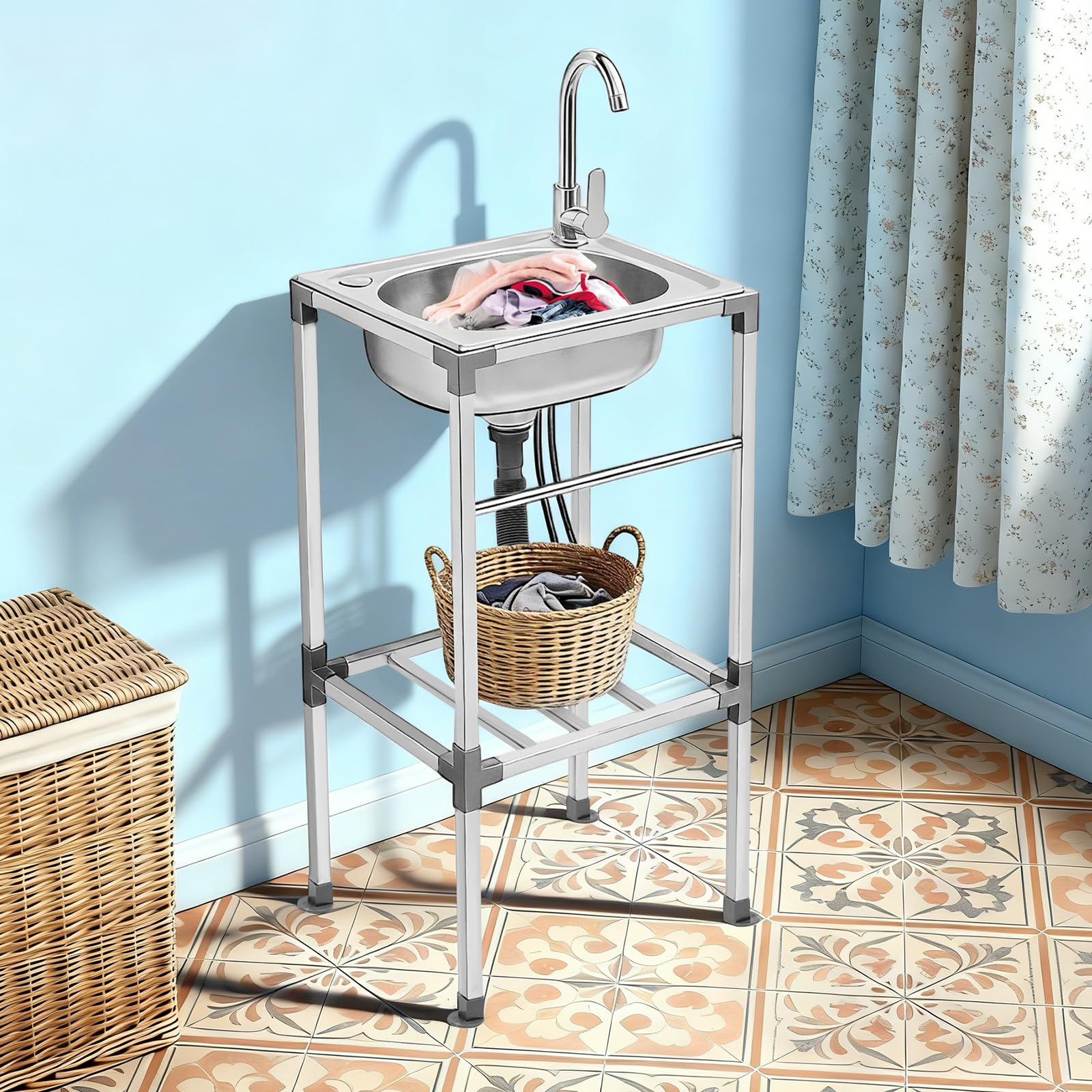 Lavello in acciaio inox da cucina 1 vassoio professionale, lavello in acciaio inox autoportante con rubinetto e accessori, miscelatore caldo freddo, vasca portatile giardino esterno garage campeggio