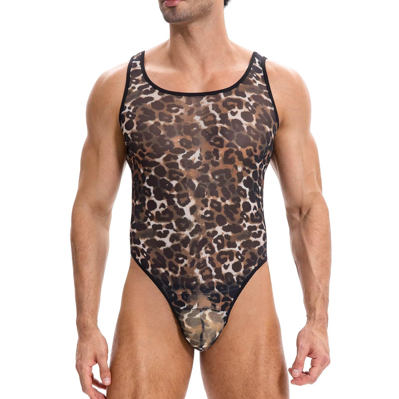 Landofgenie Body Homme en Mesh sans Manches avec Tanga Au Dos, String Transparent Respirant