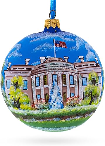 Hito icónico Adorno navideño de bola de vidrio soplado de la Casa Blanca, Washington DC de 4 pulgadas