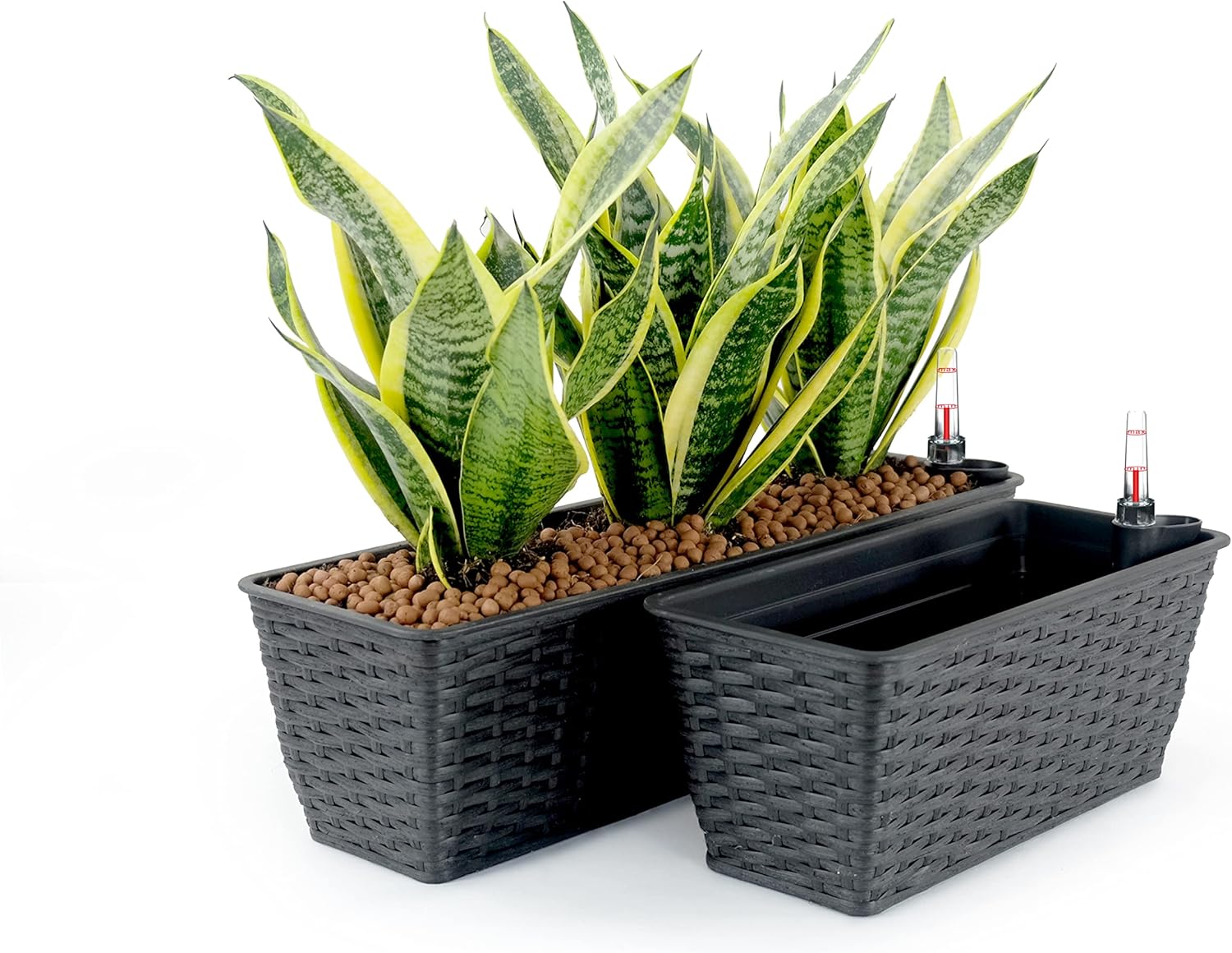 Set of 2 15.3-inch and 23.2-inch Smart Self-Watering Rectangle Hand-Woven Wicker Planter, Window Boxes, Trough Planter for Indoor and Outdoor, Espresso