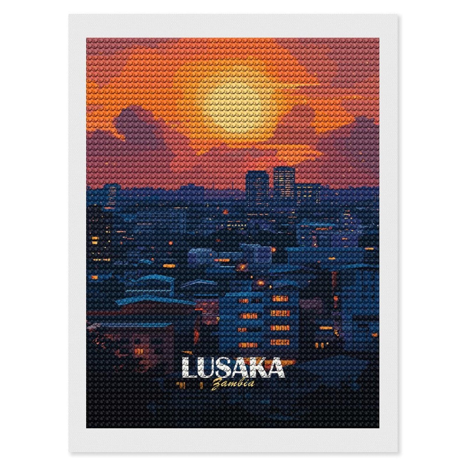 Junmoney Lusaka Zambia Cityscape at Sunset Diamond Painting Canvas Set 12"x16", for Adults, Sparkling Round Gems, Thoughtful Handmade Gift, Modern Decor