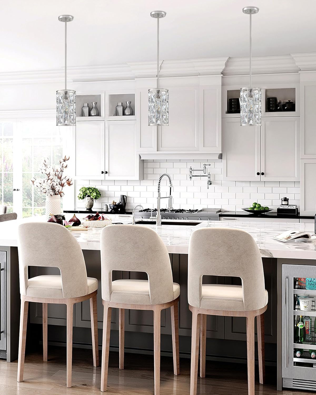 3 Pack 1 Light Hanging Kitchen Island 5.5" Crystal Modern Pendant Light Fixture,Brushed Nickel Finish with Crystal Shade for Bar,Dining Room,Corridor,Living Room Over Sink