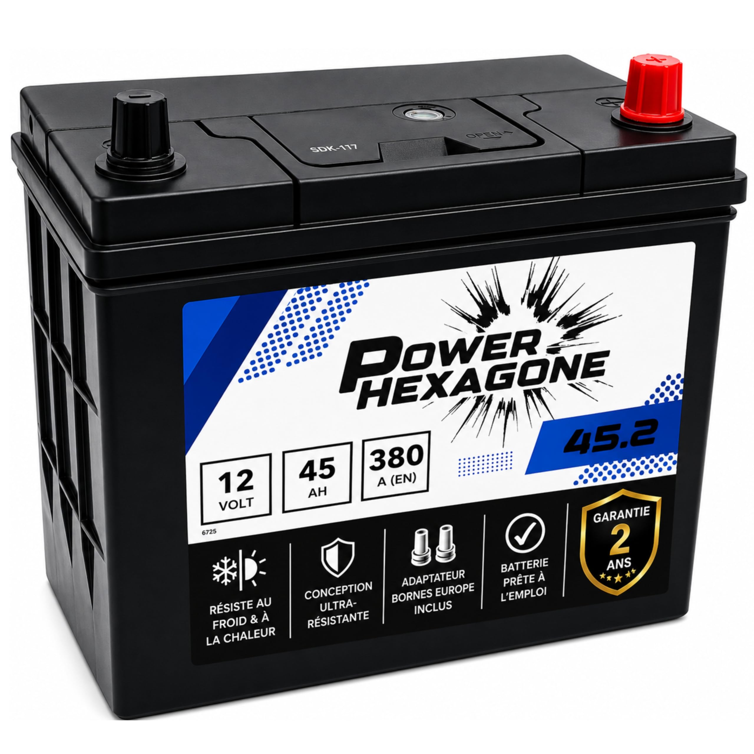 Batterie 12V 45Ah B24L - Démarrage 380A - Batterie Auto Sans Entretien - Format B24L Compact Compatible Voiture, Engin, Tracteur - Remplacement Origine - Power Hexagone